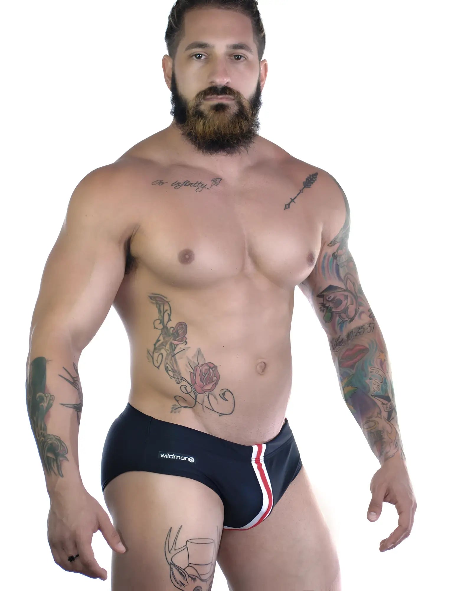 WildmanT sportivo bikini black swim trunks with red and white side stripes and wildman logo on left leg
