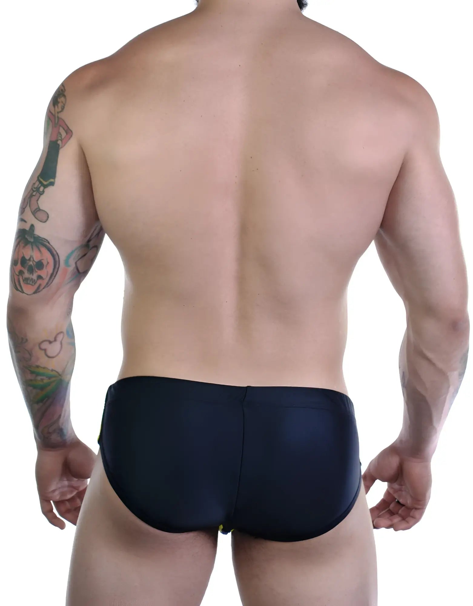 Wildmant sportivo bikini black and yellow black swim trunks with smooth form fitting material front view
