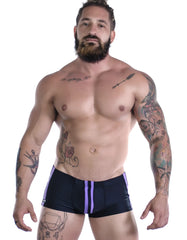 Black swim trunks with purple side stripes from WildmanT Sportivo square cut made for active use