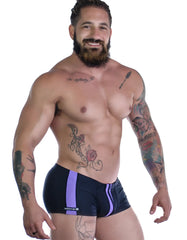 WildmanT Sportivo square cut black swim trunks with vibrant purple side stripes and a subtle white logo on the leg