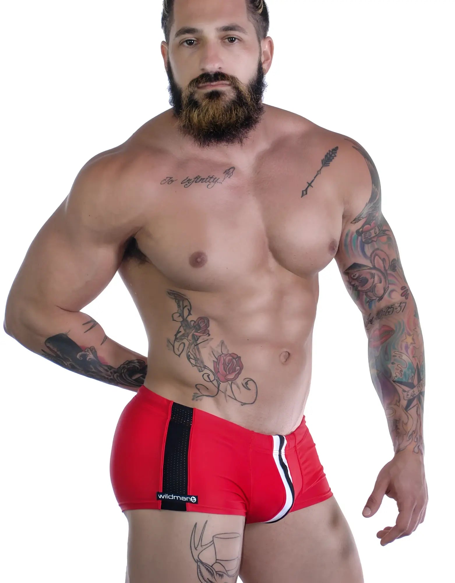 WildmanT Sportivo square cut red athletic briefs with black white side stripes and mesh panel on the left leg