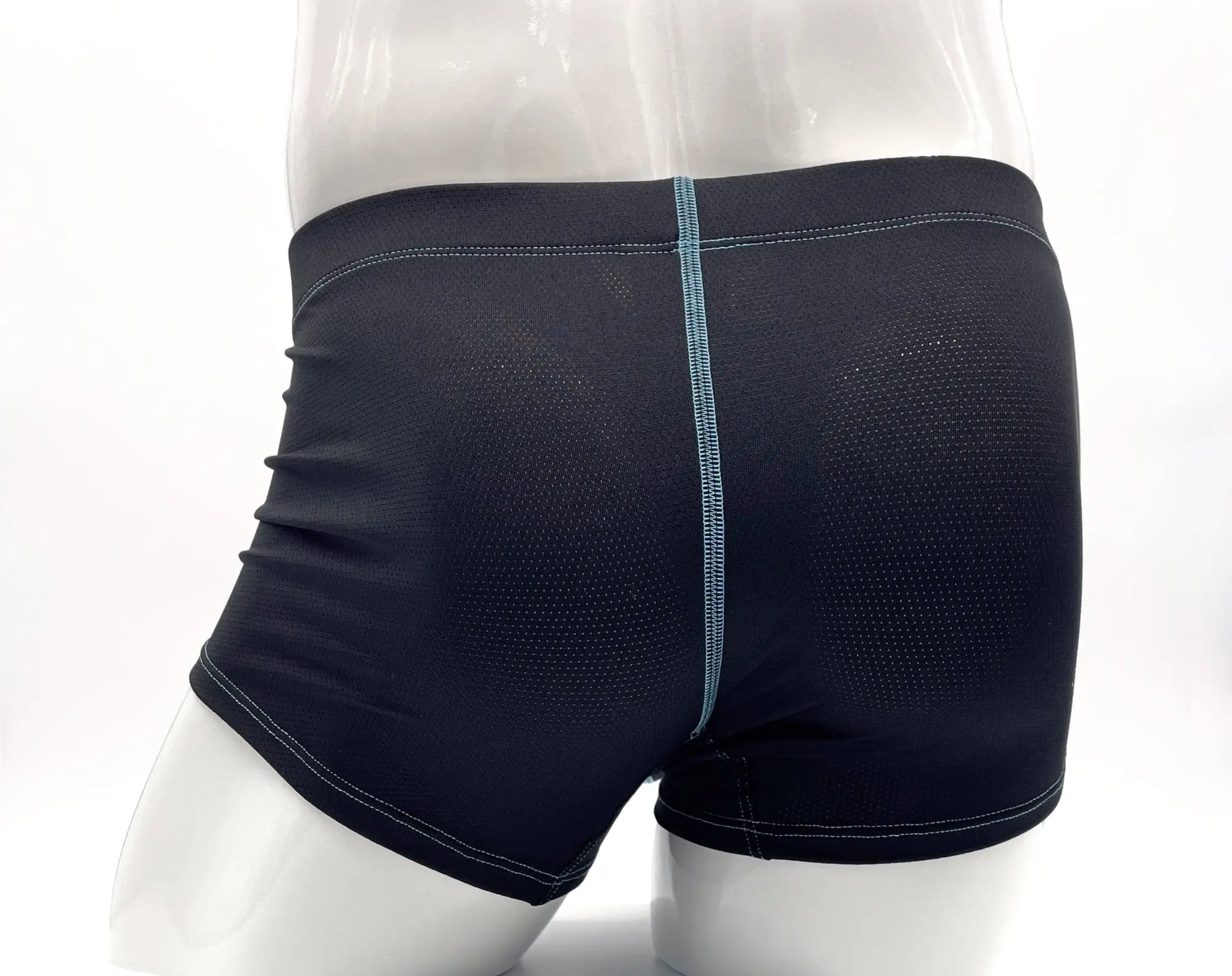 Wildmant stitch big boy pouch boxer brief blue in black with mesh back panel and light blue stitching along center seam