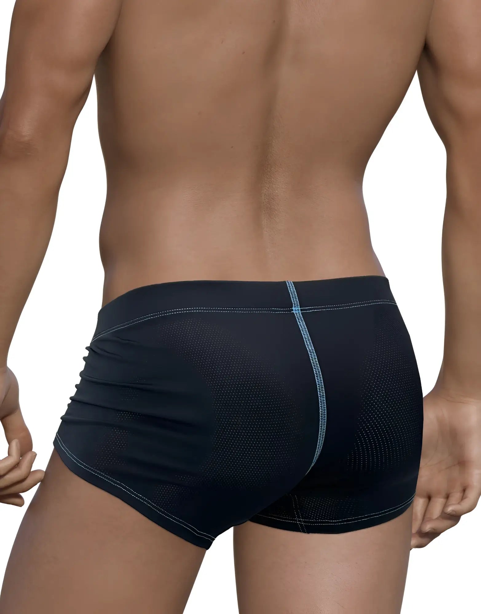 WildmanT stitch big boy pouch boxer brief blue in black with mesh back panel and light blue stitching along seams
