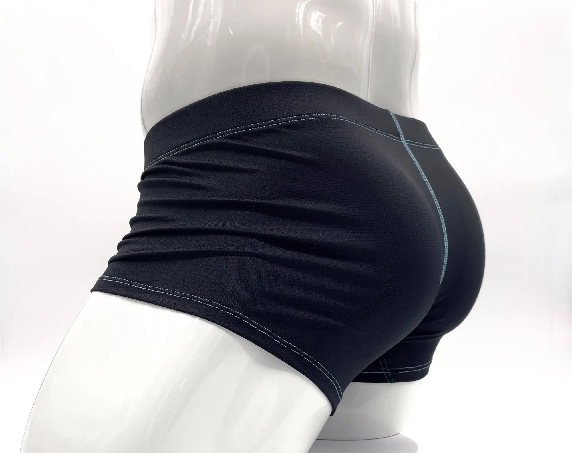 WildmanT stitch big boy pouch boxer brief blue in black athletic shorts with light gray stitching on waistband and legs