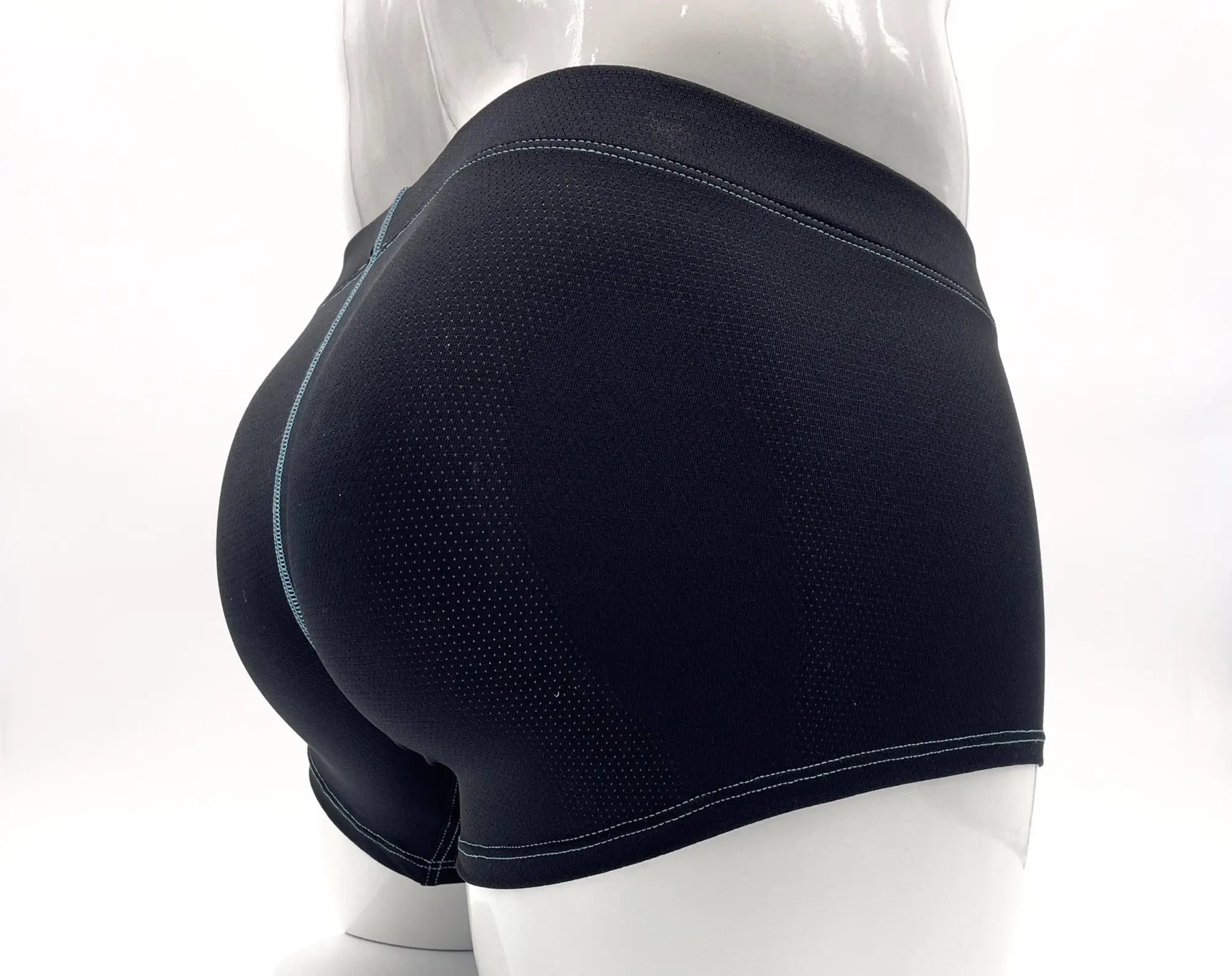 Black wildmant stitch big boy pouch boxer brief with textured mesh fabric and light blue seam stitching front view