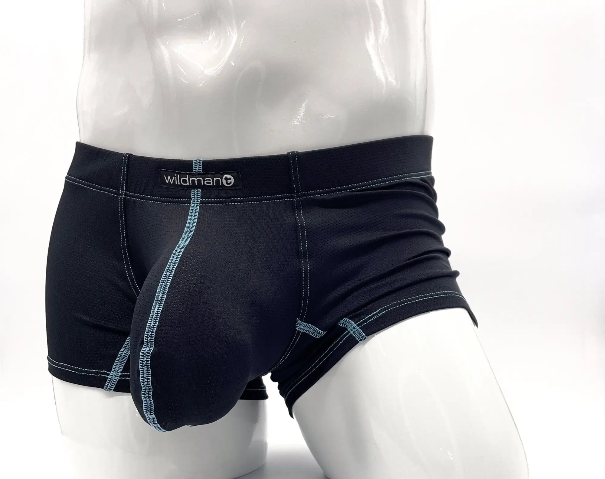 Wildmant stitch big boy pouch boxer brief blue black men’s briefs with light blue stitching and wildman waistband label