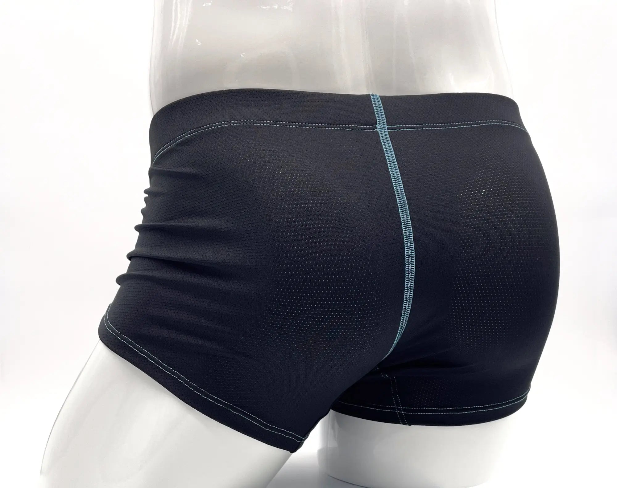 Wildmant stitch big boy pouch boxer brief in black mesh with light blue stitching and white waistband trim front view
