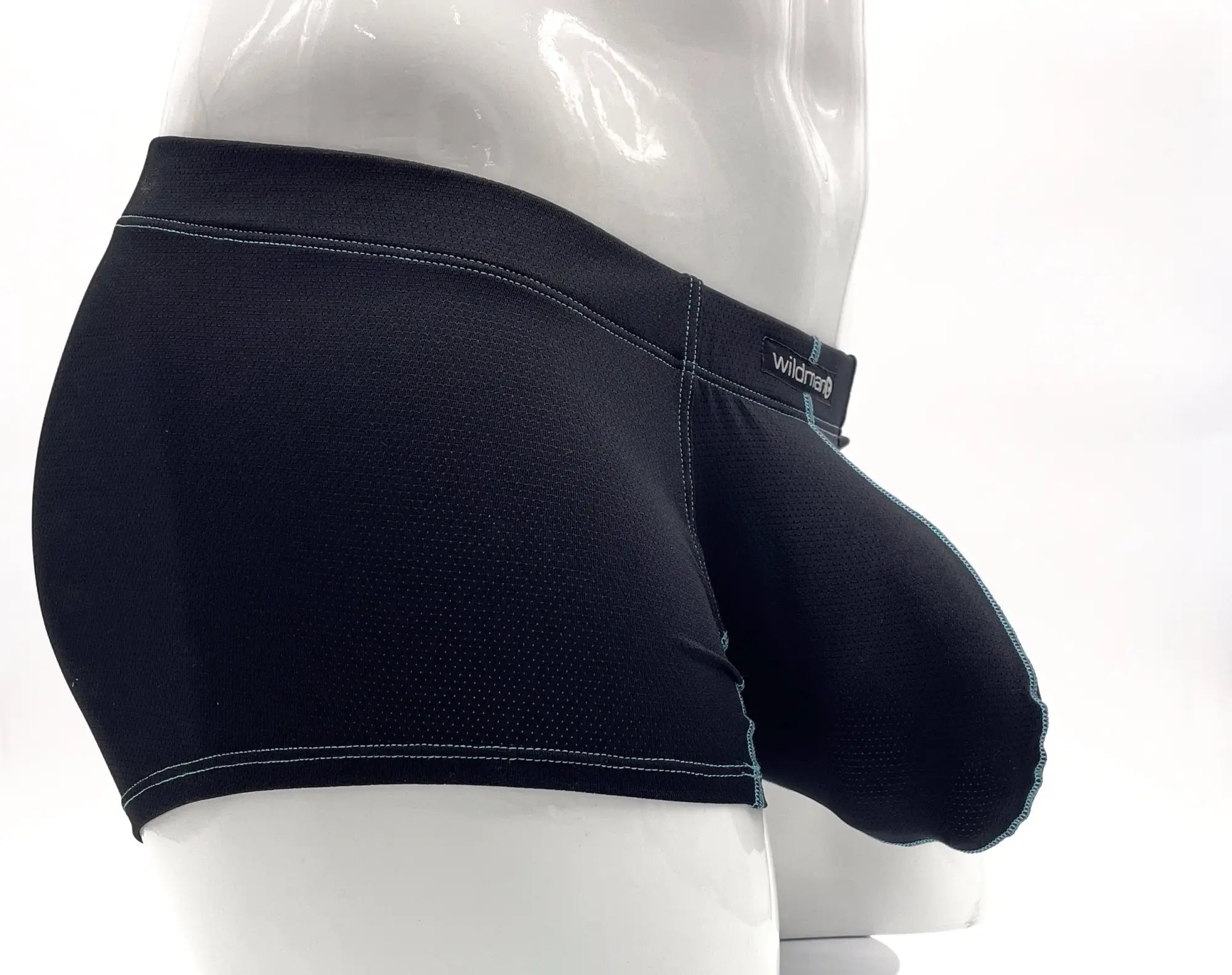 WildmanT stitch big boy pouch boxer brief blue in black mesh with teal stitching and wicked brand label visible front side