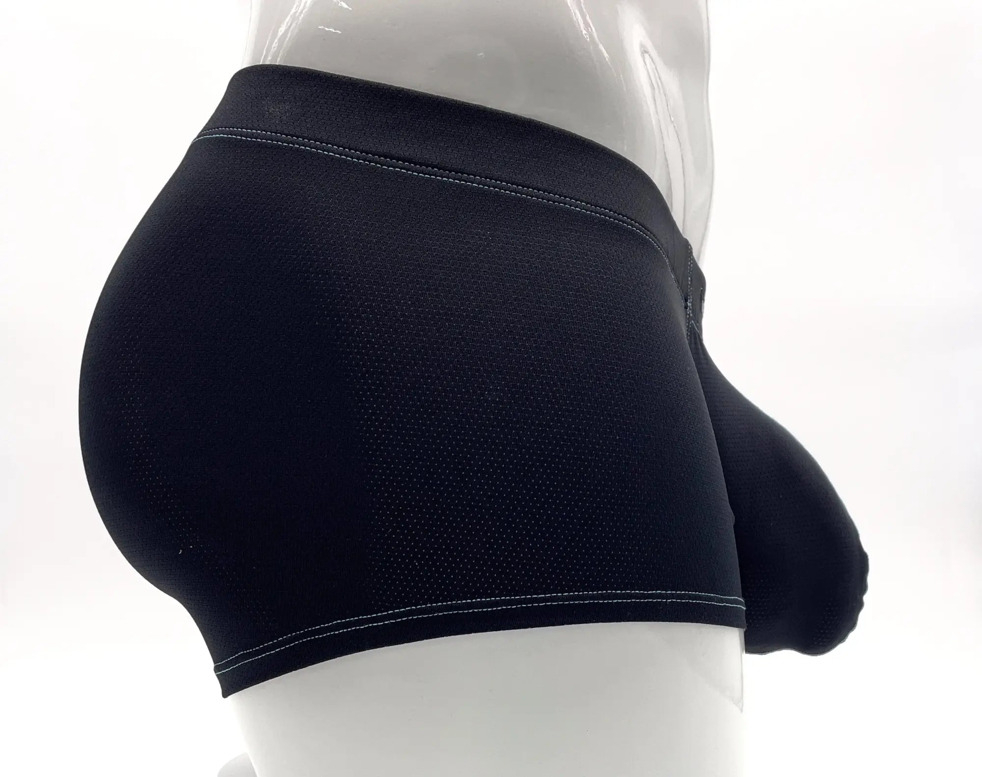 Wildmant stitch big boy pouch blue boxer brief in black mesh with white stitching along waistband and leg openings