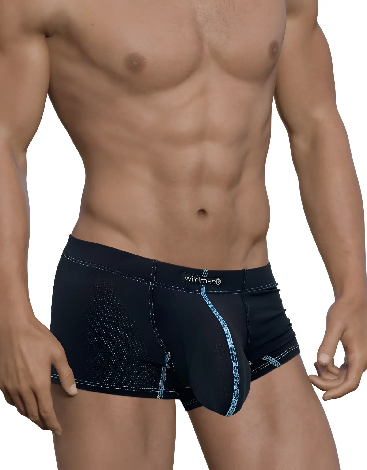 Wildmant stitch big boy pouch boxer brief in black with light blue stitching and mesh panel for breathability