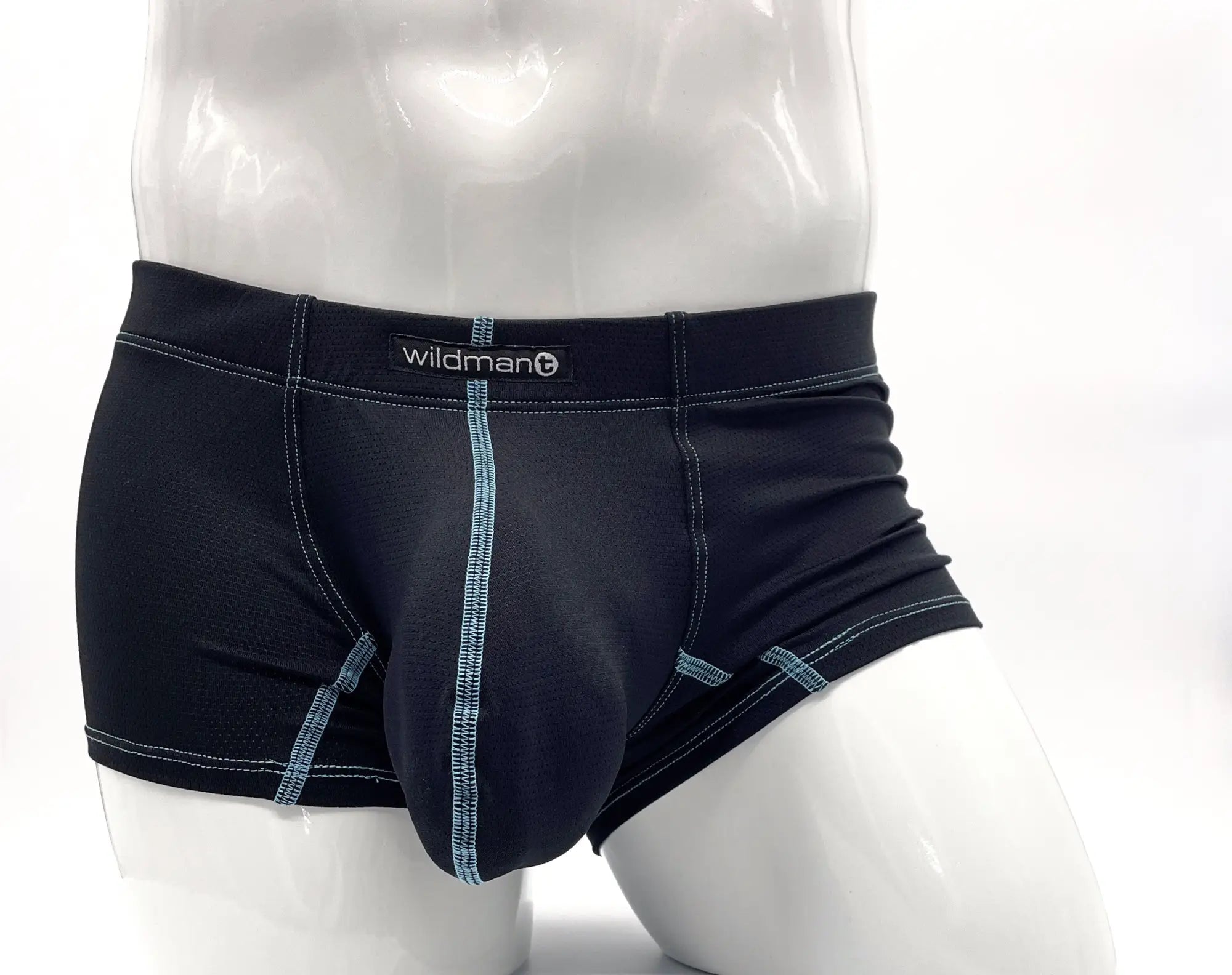 Wildmant stitch big boy pouch boxer brief in black with contrasting light blue stitching along seams and waistband
