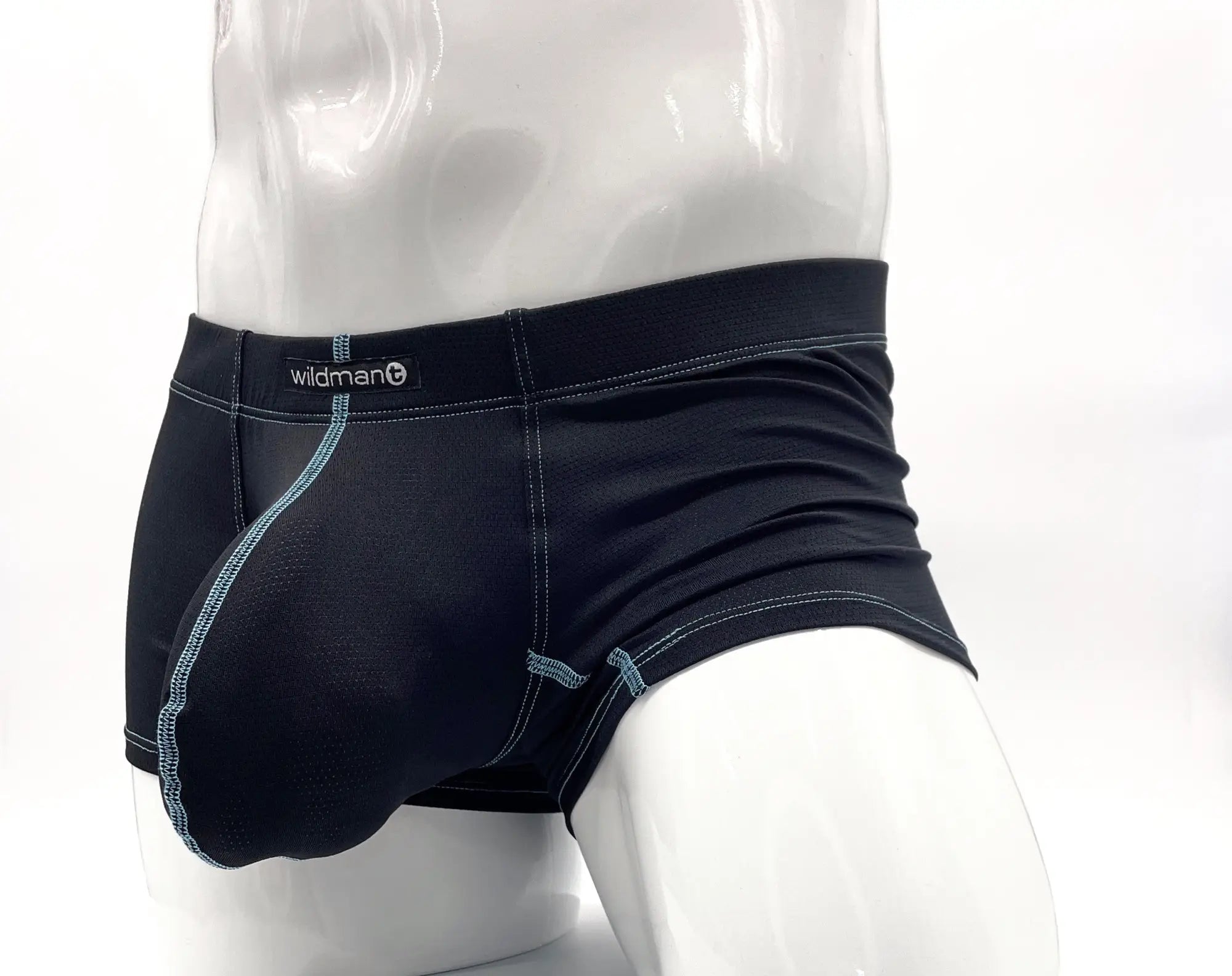WildmanT Stitch Big Boy pouch boxer brief in black with light blue contrasting stitching and comfortable fit