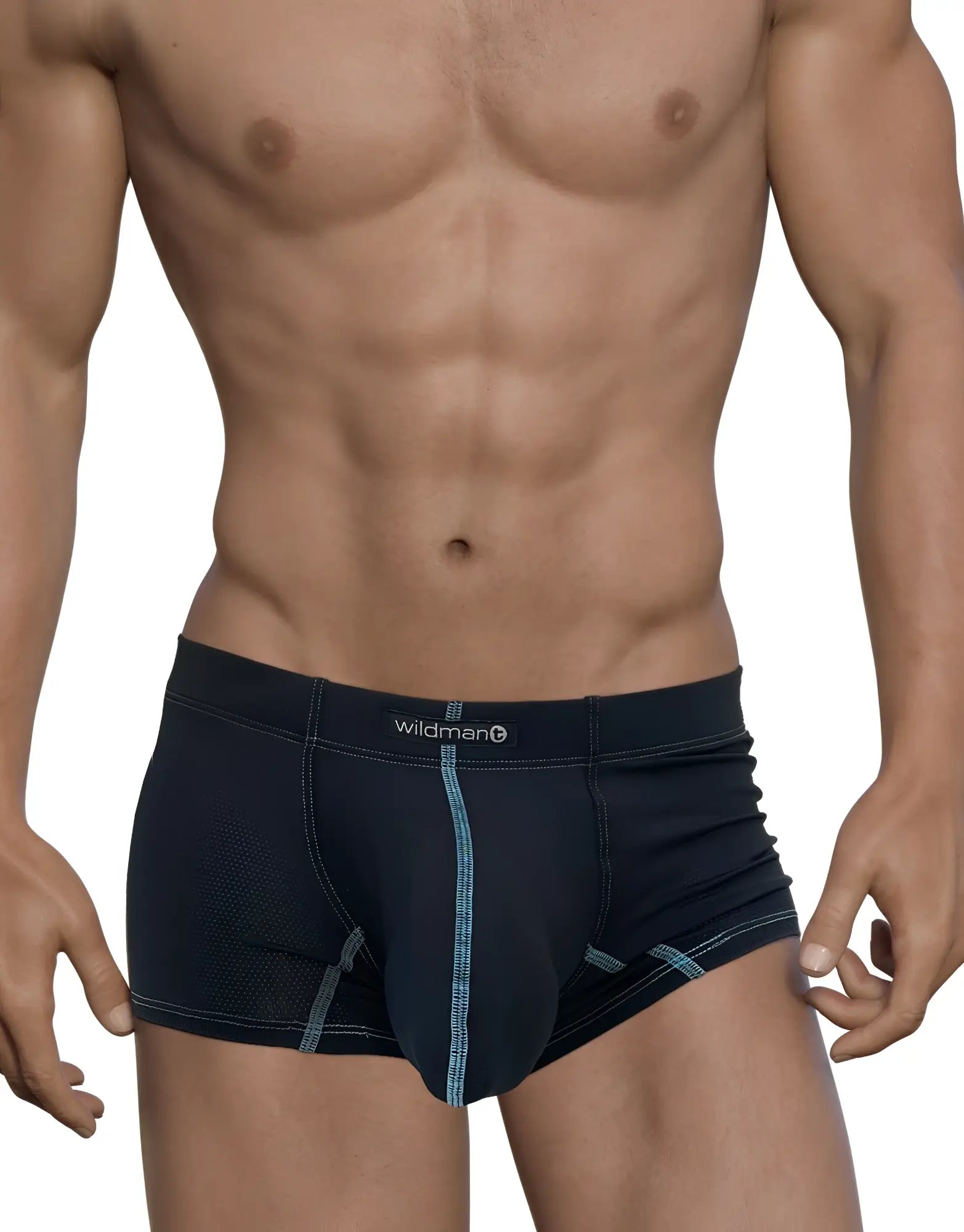 Black wildman boxer briefs with light blue stitching and side mesh panel from wildmant stitch big boy pouch blue line