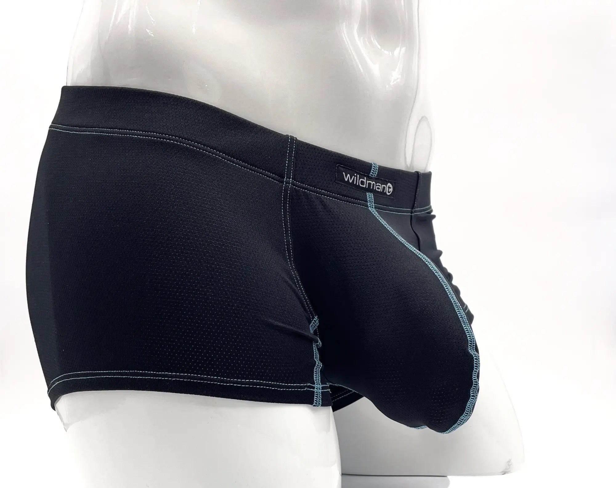 Black wildman men’s boxer briefs with teal stitching and textured fabric designed for comfort and support