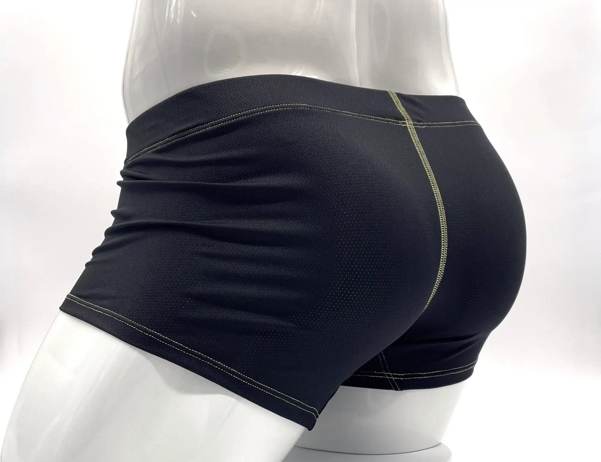 WildmanT stitch big boy pouch boxer brief in yellow showing black mesh athletic shorts with light green side stitching