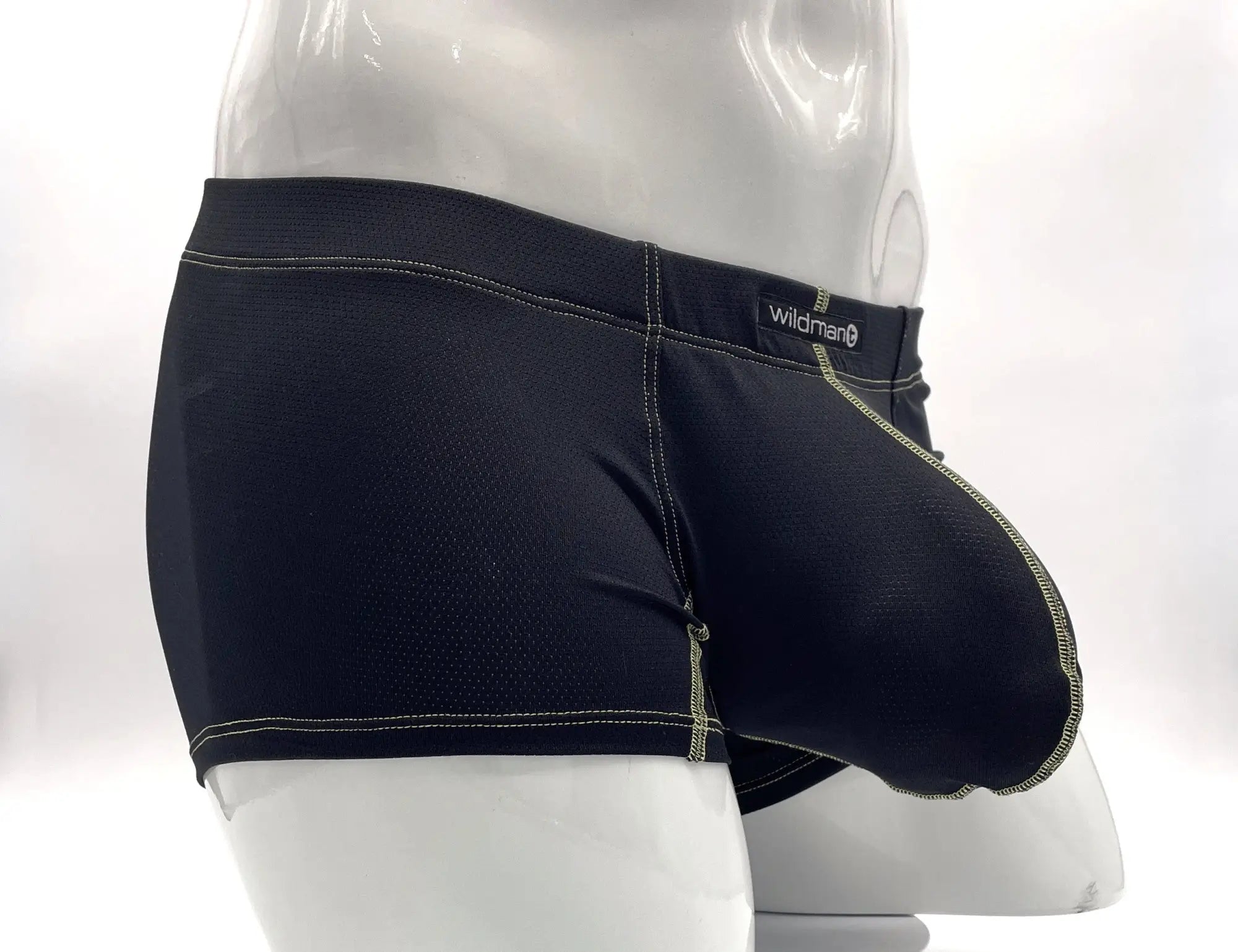 Black men’s yellow wildmant stitch big boy pouch boxer brief with textured fabric and light green stitching