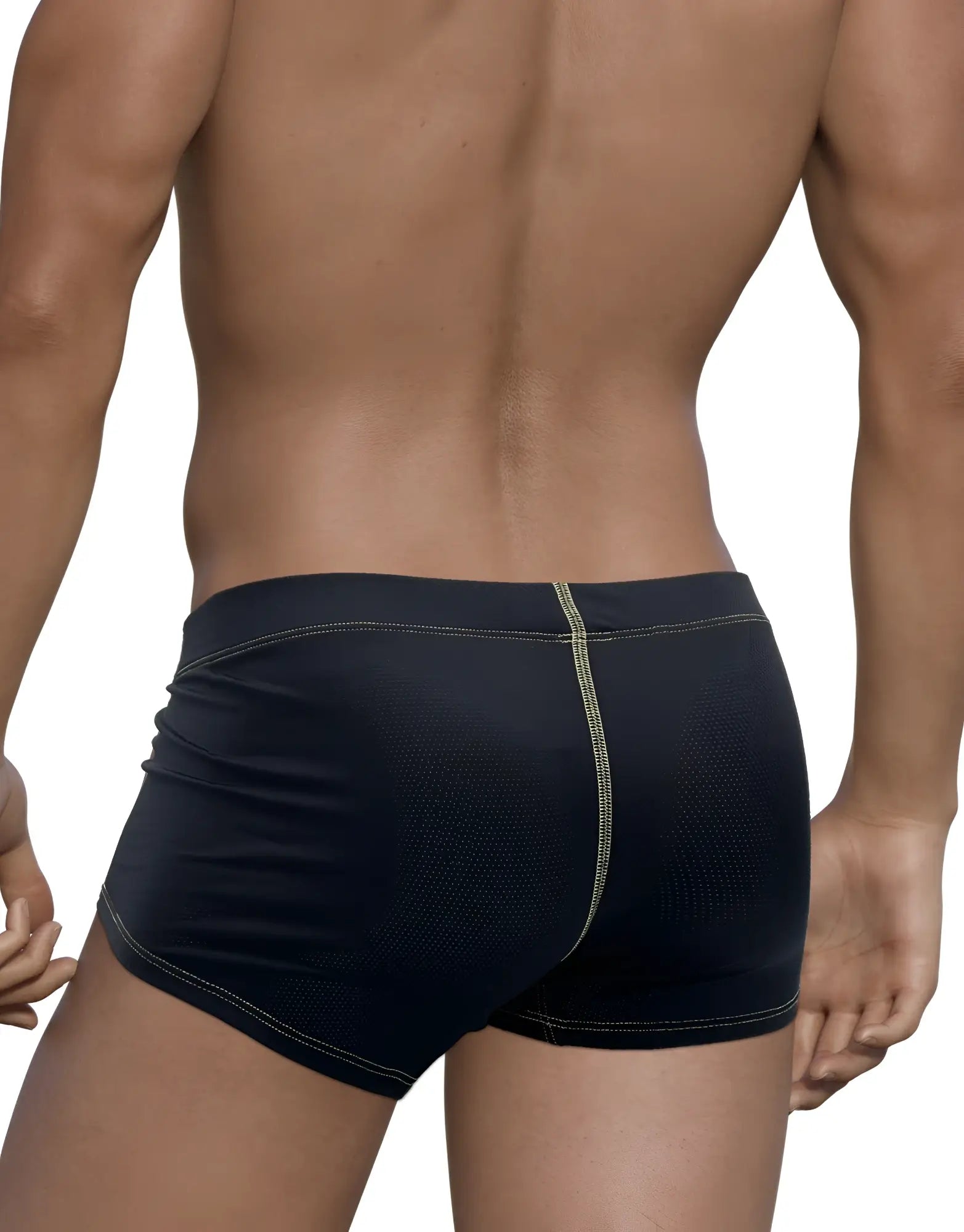 Wildmant stitch big boy pouch boxer brief yellow black mesh swim trunks with light green stitching along the seams