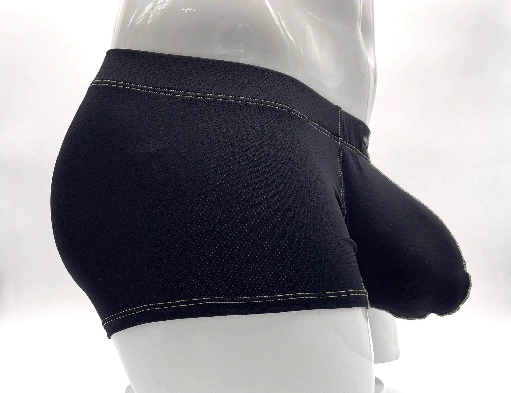 Black mesh wildmant stitch big boy pouch boxer brief with white stitching on waistband and leg openings yellow color