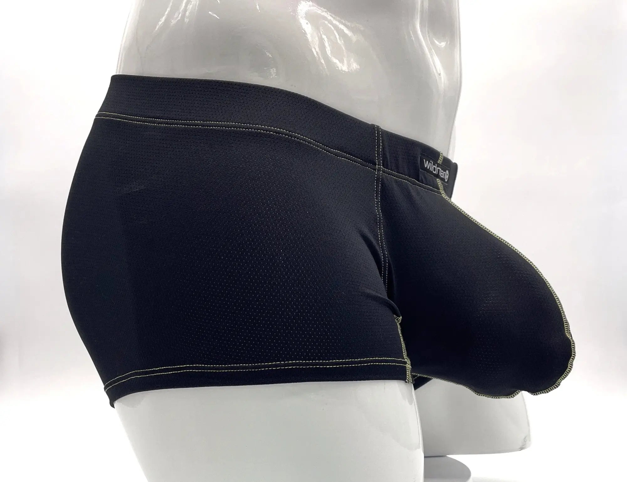 Wildmant stitch big boy pouch boxer brief in yellow featuring black mesh briefs with white stitching and wildcat label