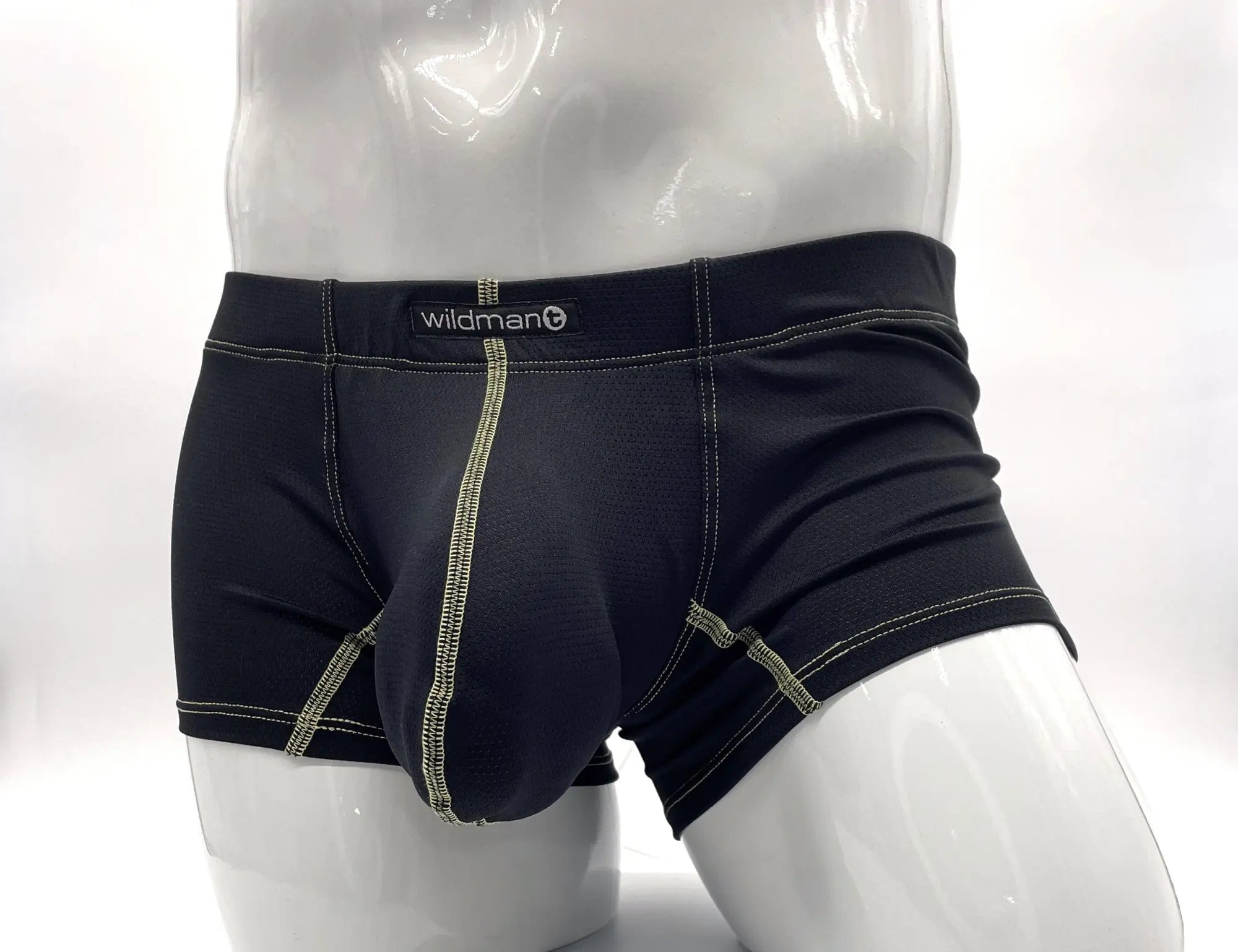 Black wildman men’s boxer briefs with yellow stitching and big boy pouch for comfortable support