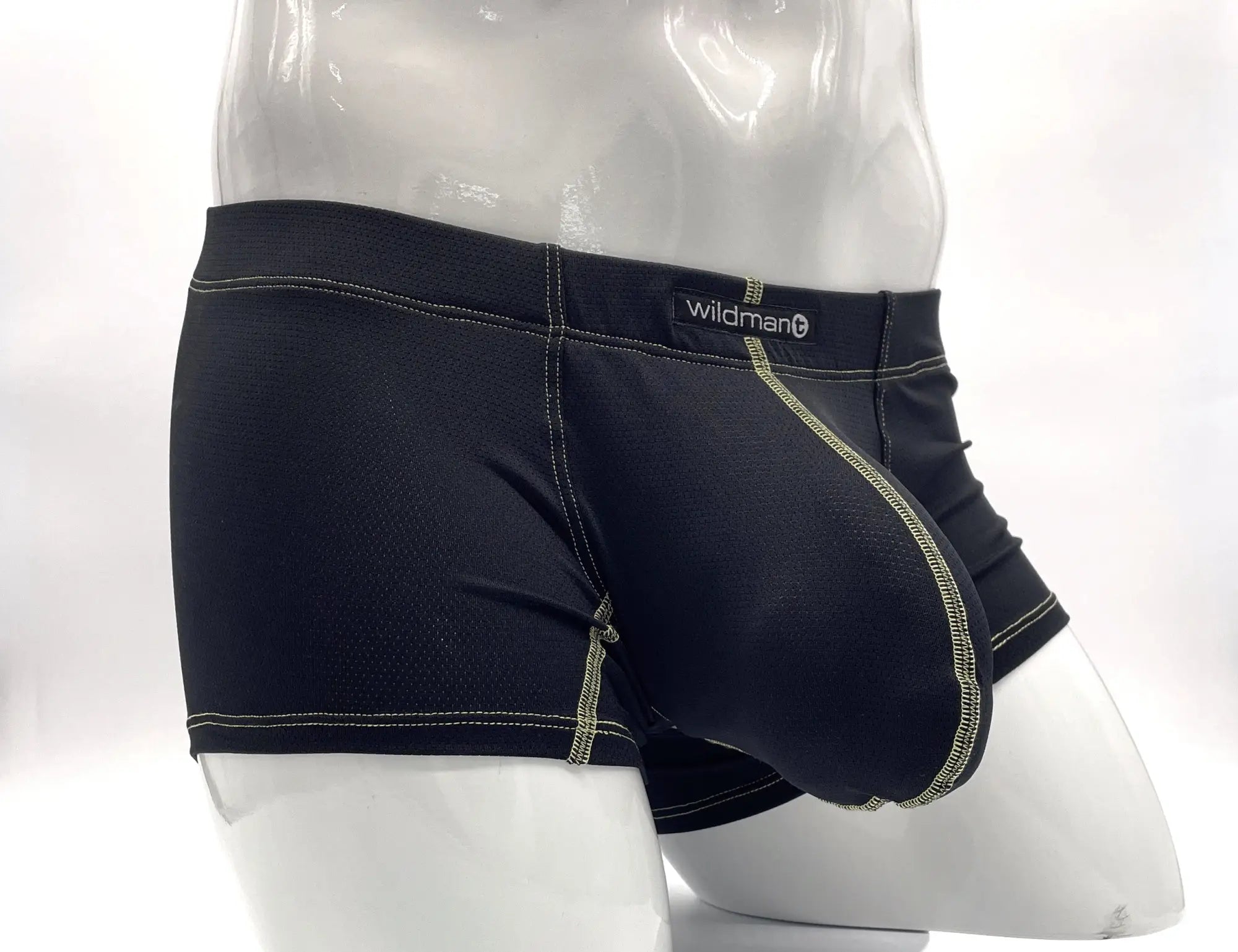 Black wildman men’s boxer briefs with yellow pouch stitch and textured fabric for comfortable support