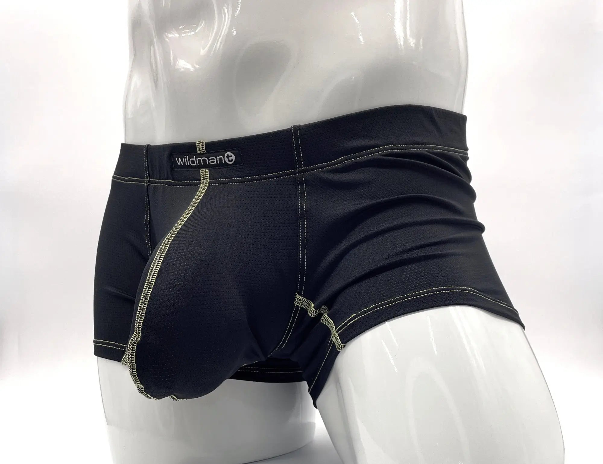 Wildmant stitch big boy pouch boxer brief in black with yellow stitching featuring a sleek form-fitting design