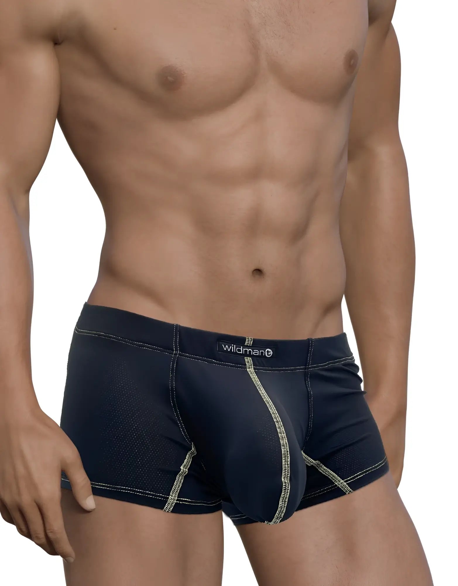 Wildmant stitch big boy pouch boxer brief in dark blue with light green stitching and subtle textured pattern