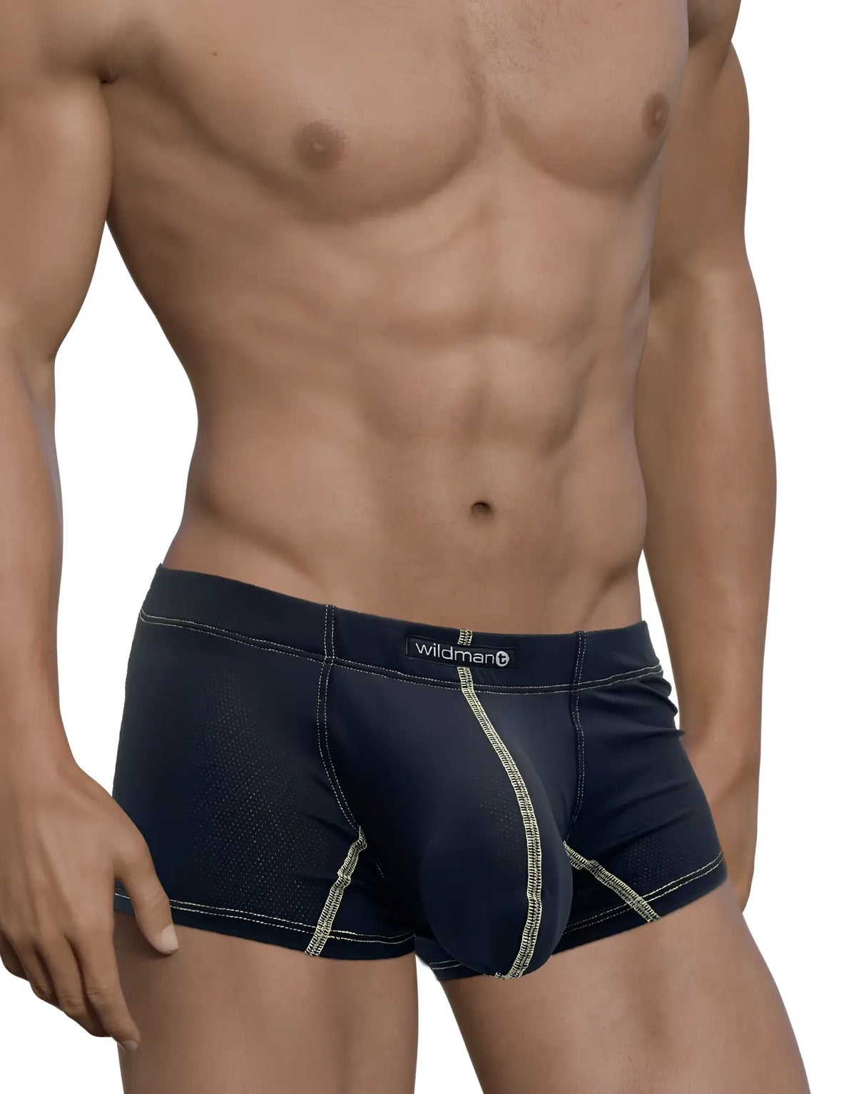 Wildmant stitch big boy pouch boxer brief in dark blue with light green stitching and subtle textured pattern