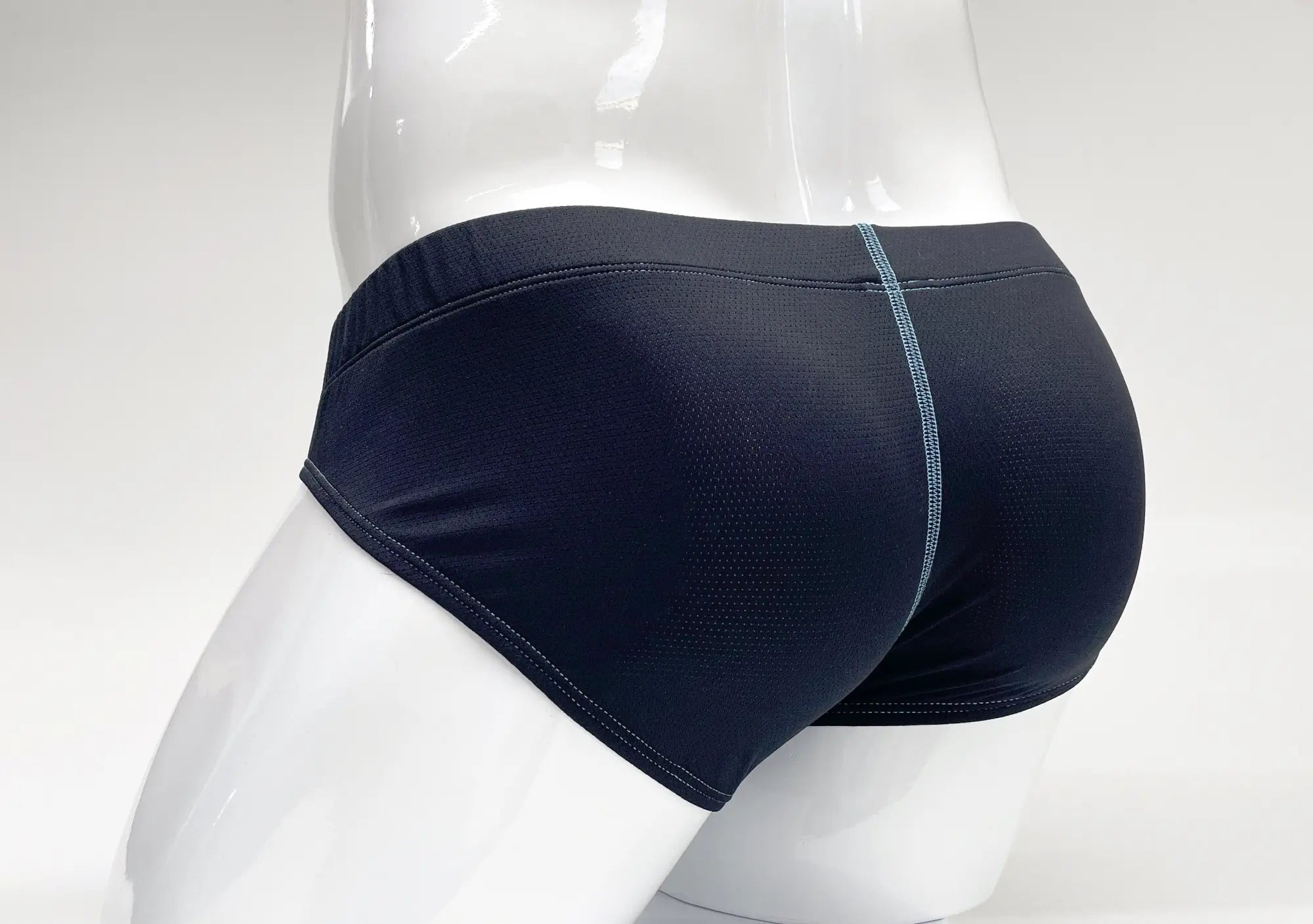 Wildmant stitch big boy pouch brief blue in black athletic mesh fabric with contrasting light gray stitching