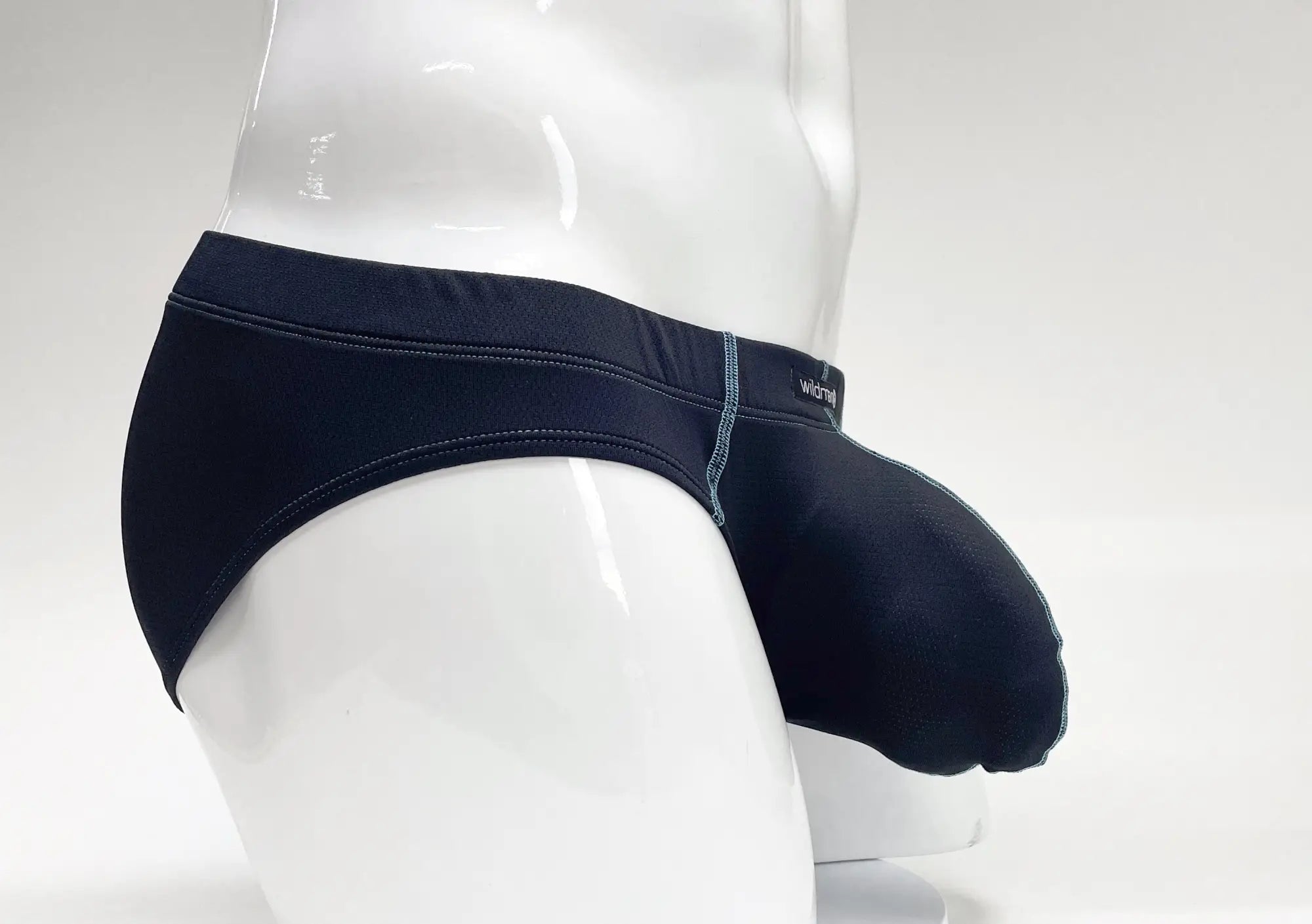 Wildmant stitch big boy pouch brief blue with snug fit black fabric and subtle stitching details in front view