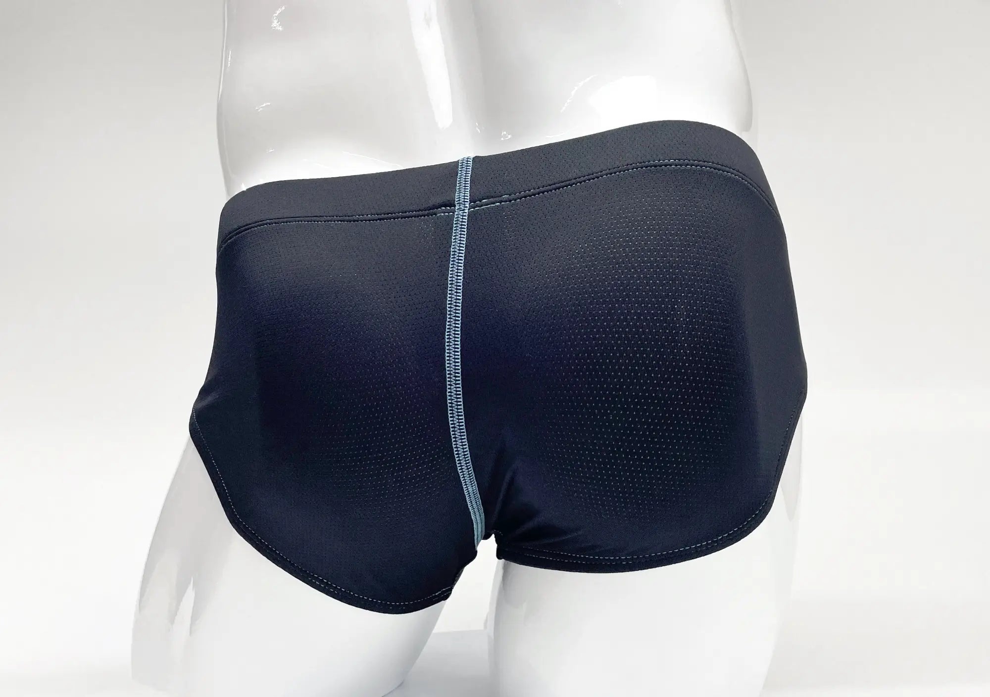WildmanT stitch big boy pouch brief blue black mesh swim trunks with subtle light blue seam on the back center