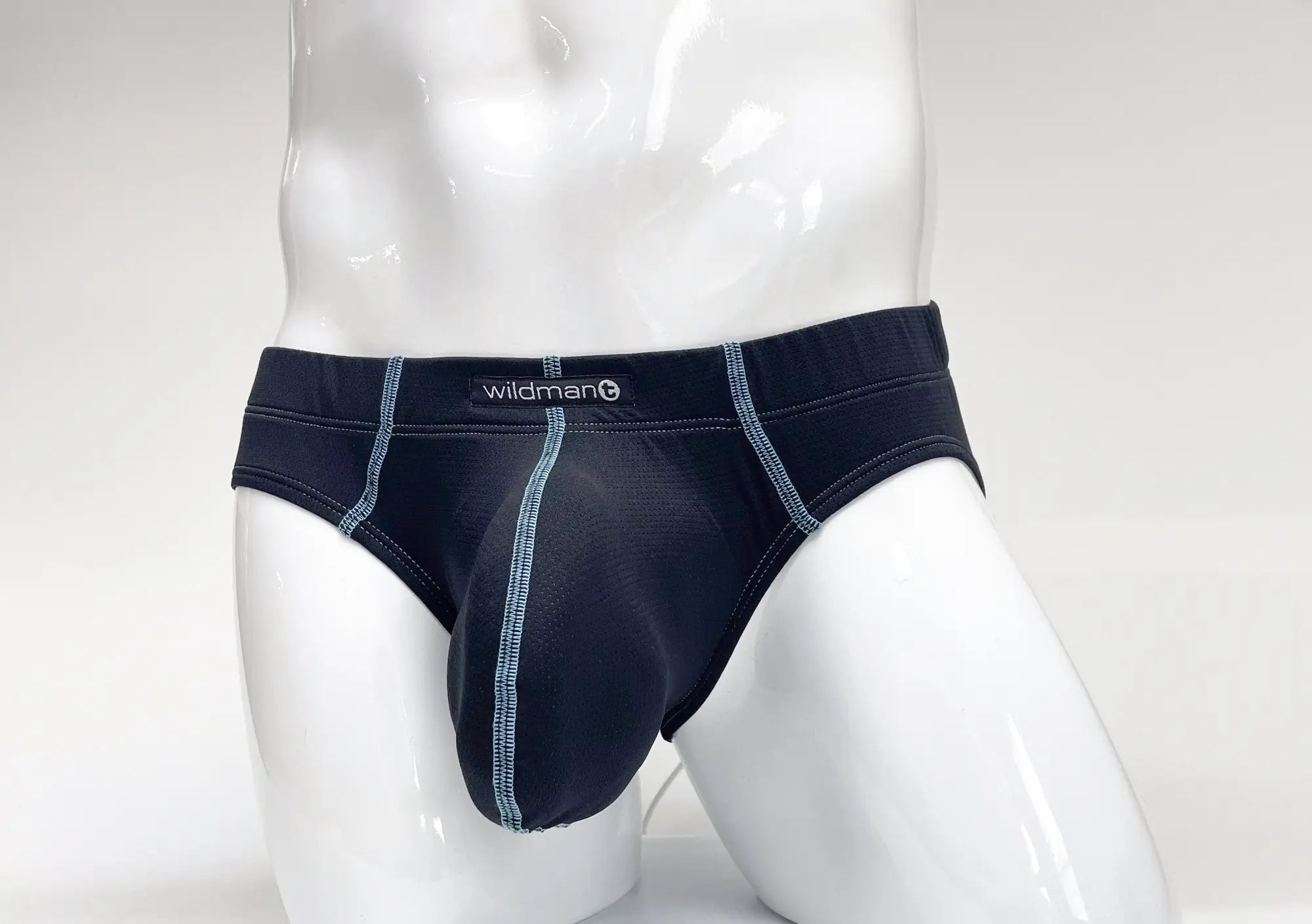 Black Wildman brand briefs with light blue stitching featuring a big boy pouch for comfortable support and style