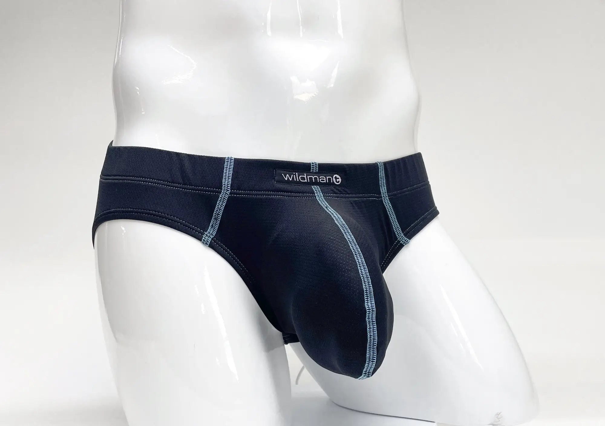 Black wildman brand wildmant stitch big boy pouch briefs in blue with contrasting light gray stitching along seams