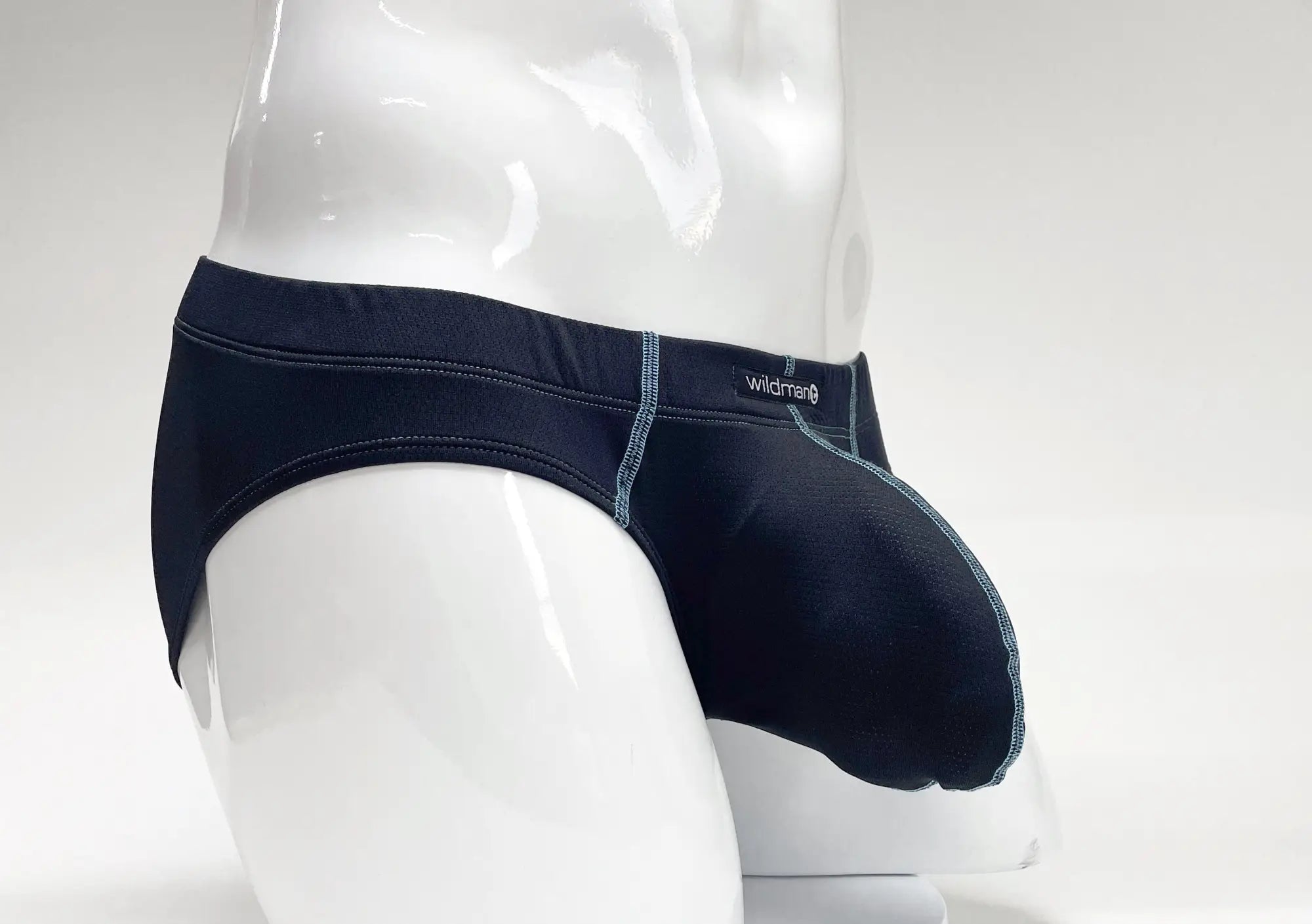 Black wildman men’s briefs with contrasting light blue stitching along seams wildmant stitch big boy pouch brief blue