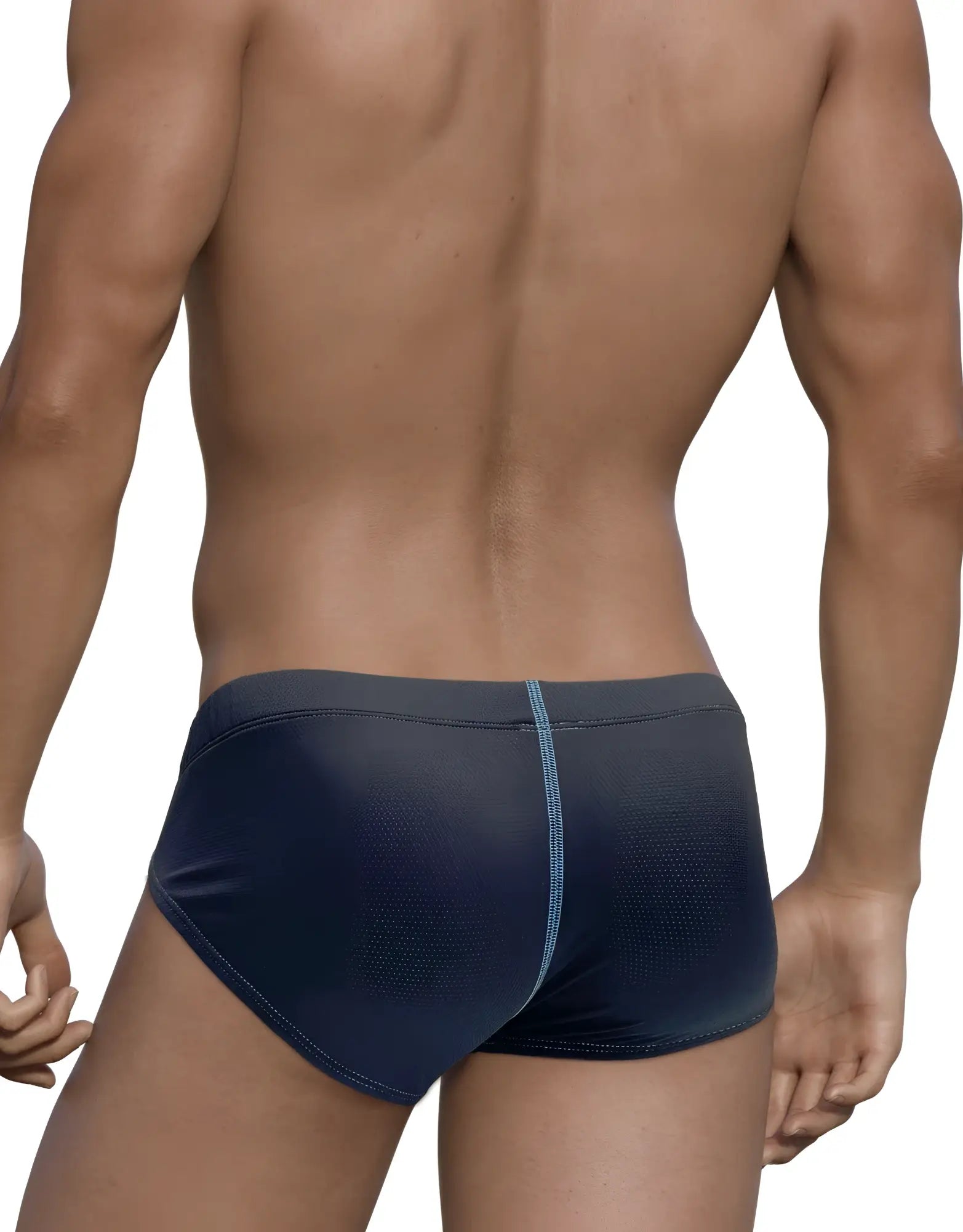 Wildmant stitch big boy pouch brief in blue dark blue textured swim trunks with a subtle light blue seam down center