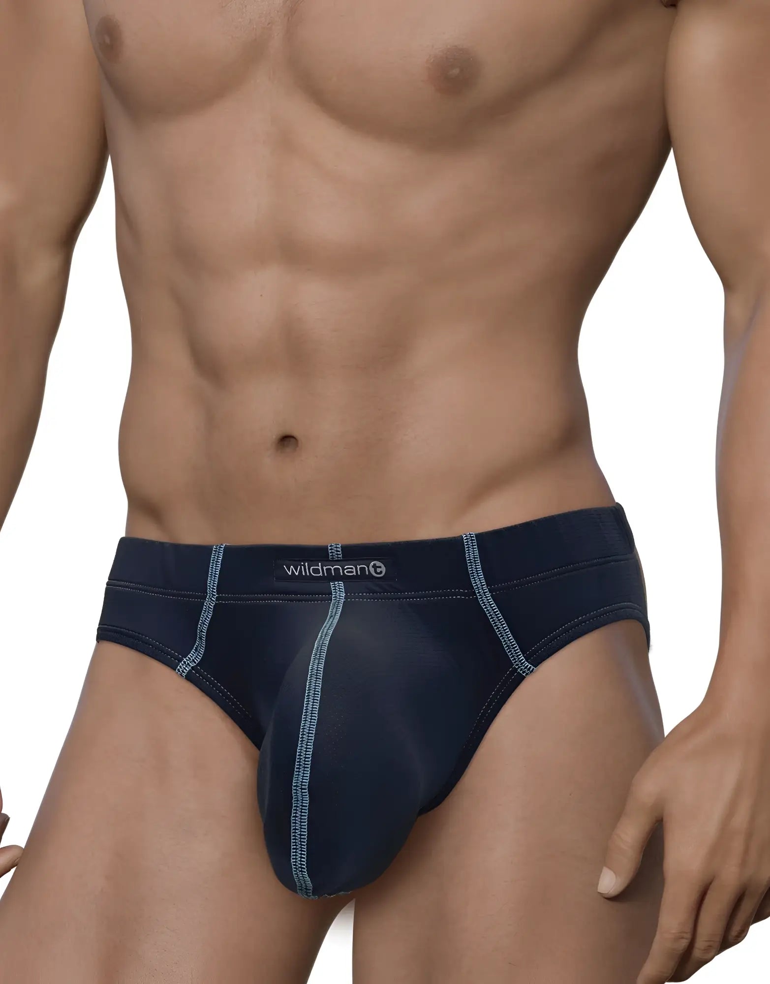 WildmanT stitch big boy pouch brief in dark blue with light gray stitching designed for comfort and support