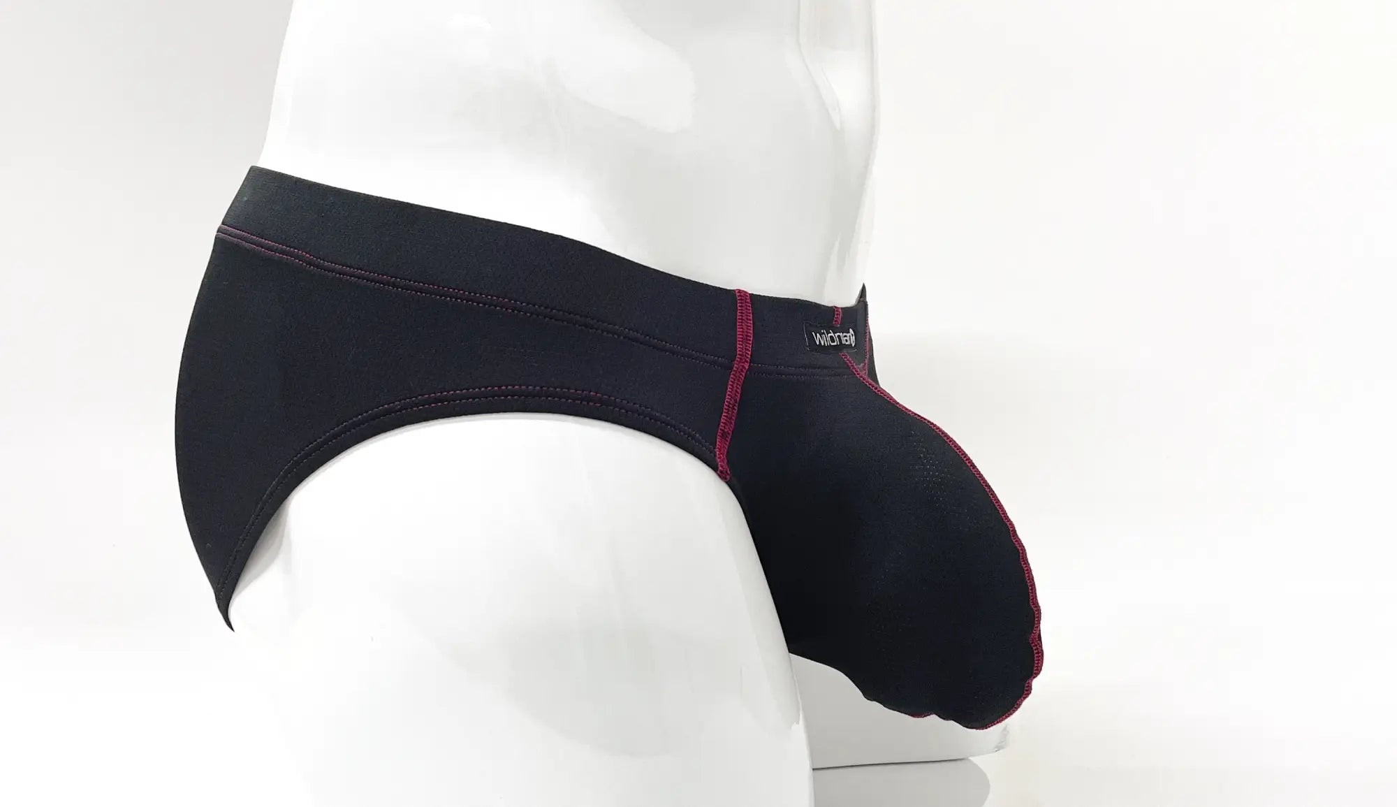 Black men’s briefs wildmant stitch big boy pouch brief red with red stitching and nordic brand tag on waistband