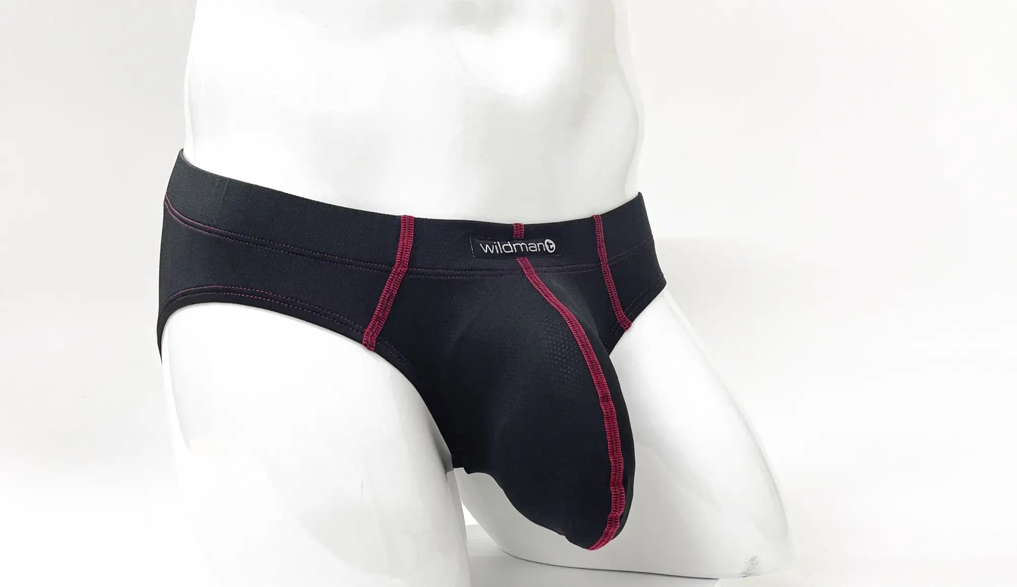 Black men’s briefs wildmant stitch big boy pouch brief in black with red stitching and wildman waistband label