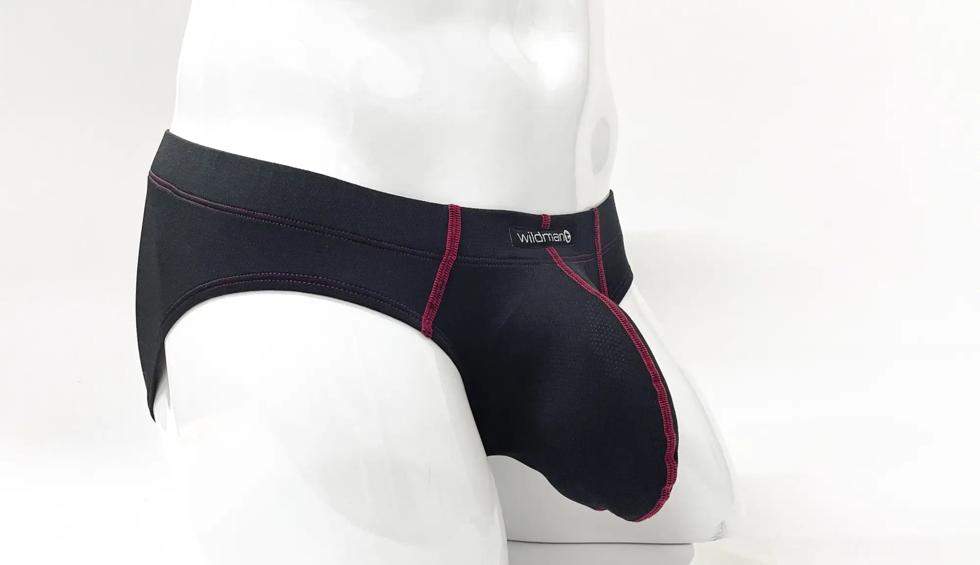 Black men’s briefs wildmant stitch big boy pouch brief in black with red stitching and wildman label on waistband