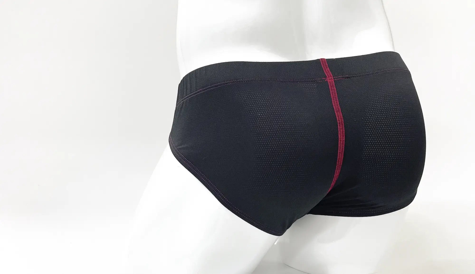 Wildmant stitch big boy pouch brief red black mesh swim trunks with a red seam on the back center