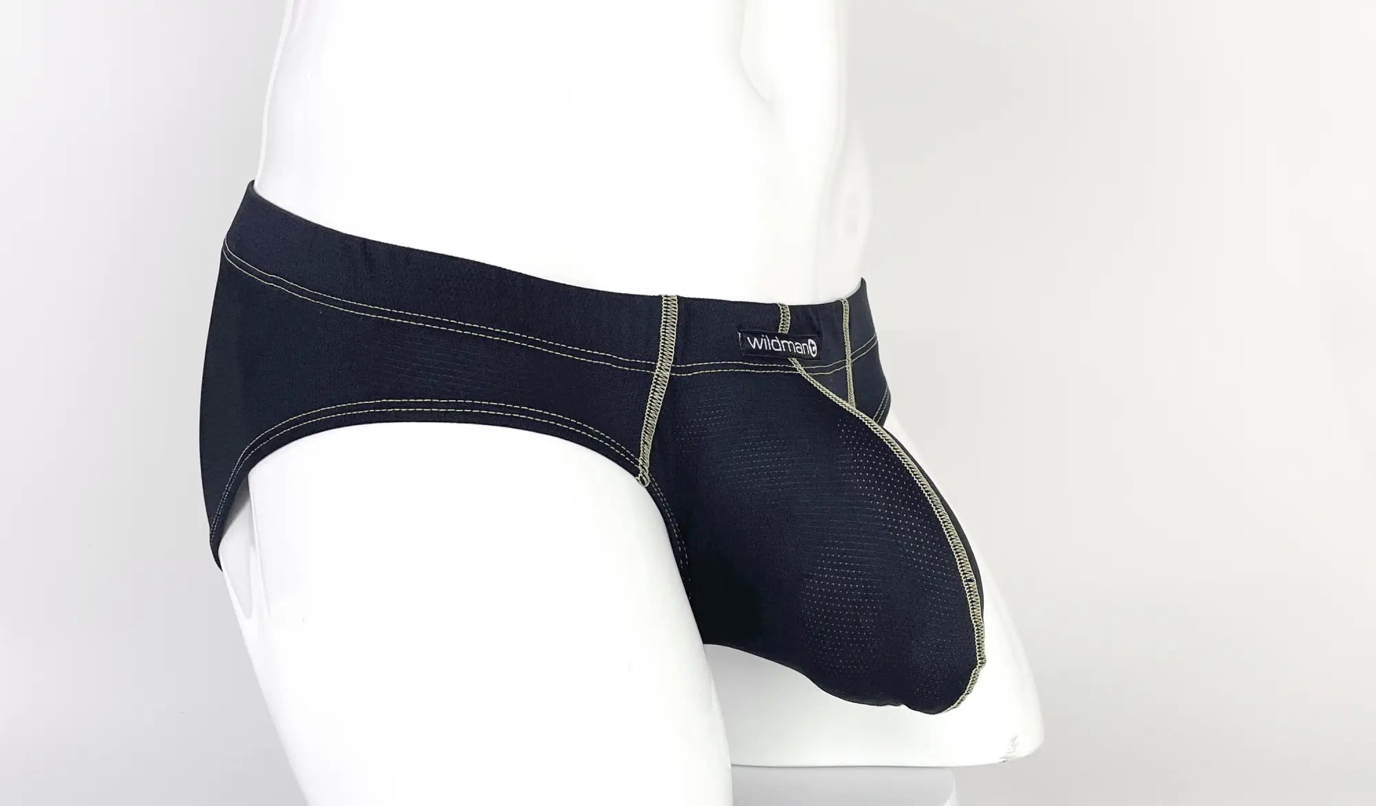 Wildmant stitch big boy pouch brief yellow in black denim with light gray stitching and side mesh panel