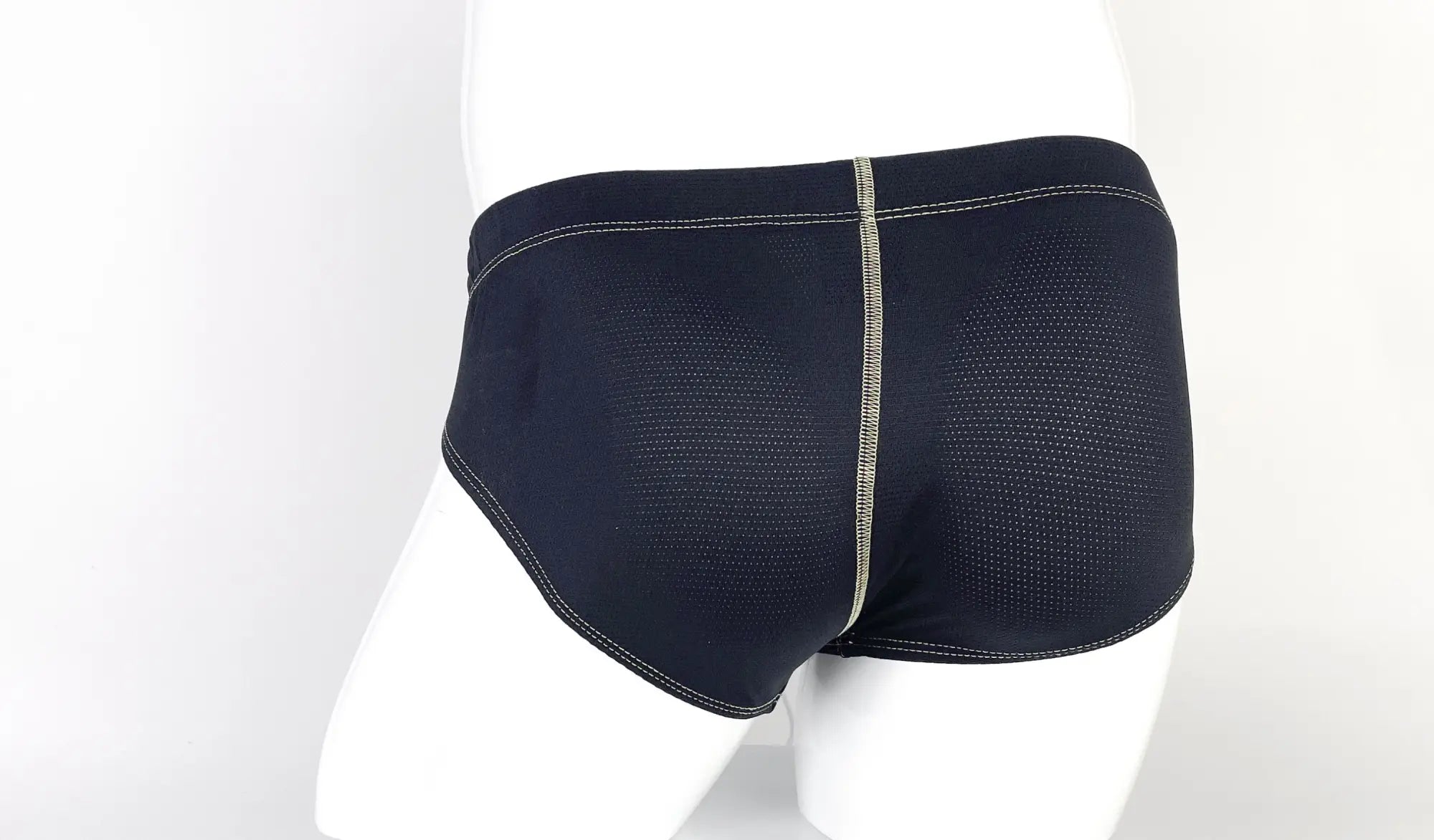 Black mesh wildmant stitch big boy pouch brief with central seam and contrasting stitching in yellow