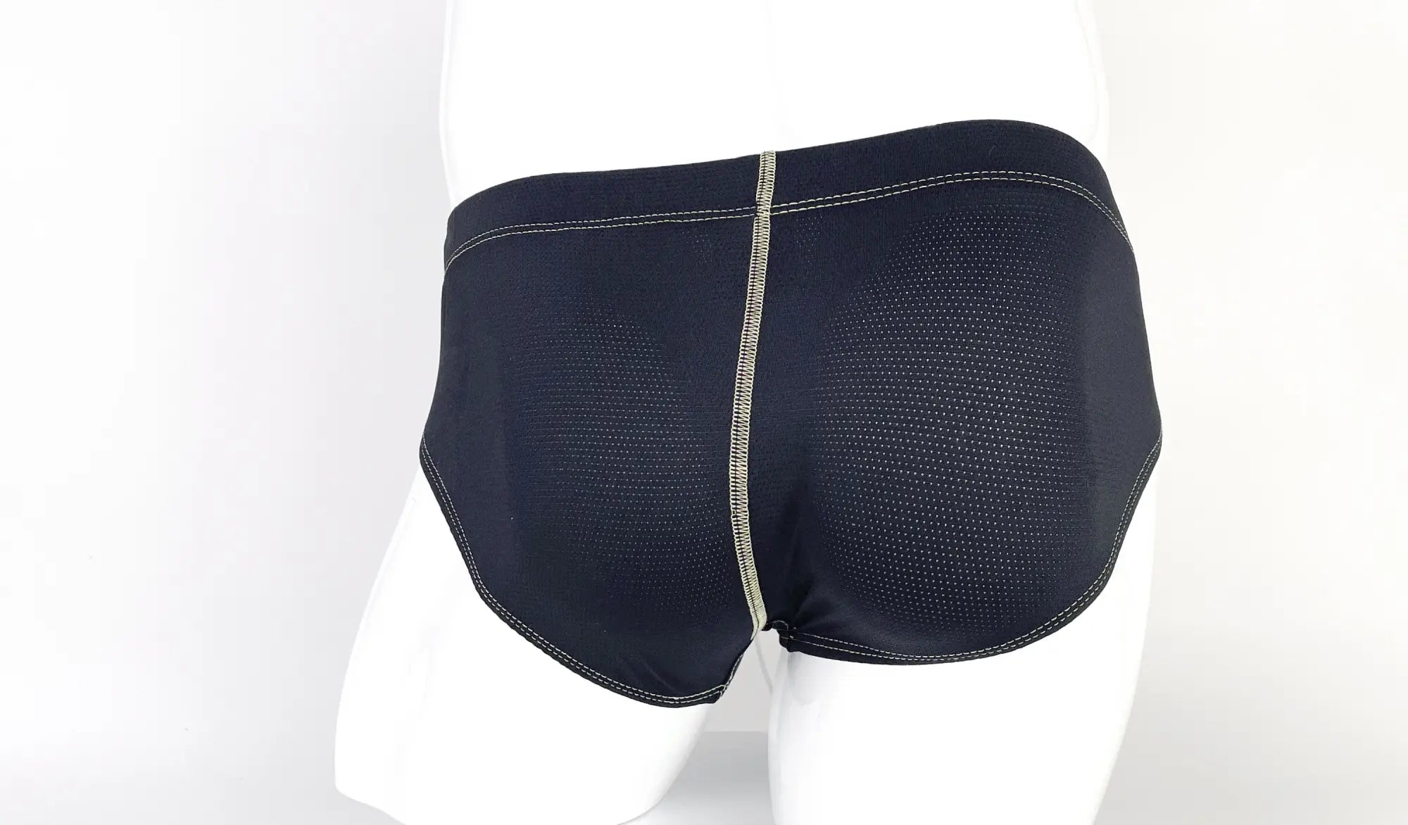 WildmanT stitch big boy pouch brief yellow black mesh with central zipper and white contrast stitching