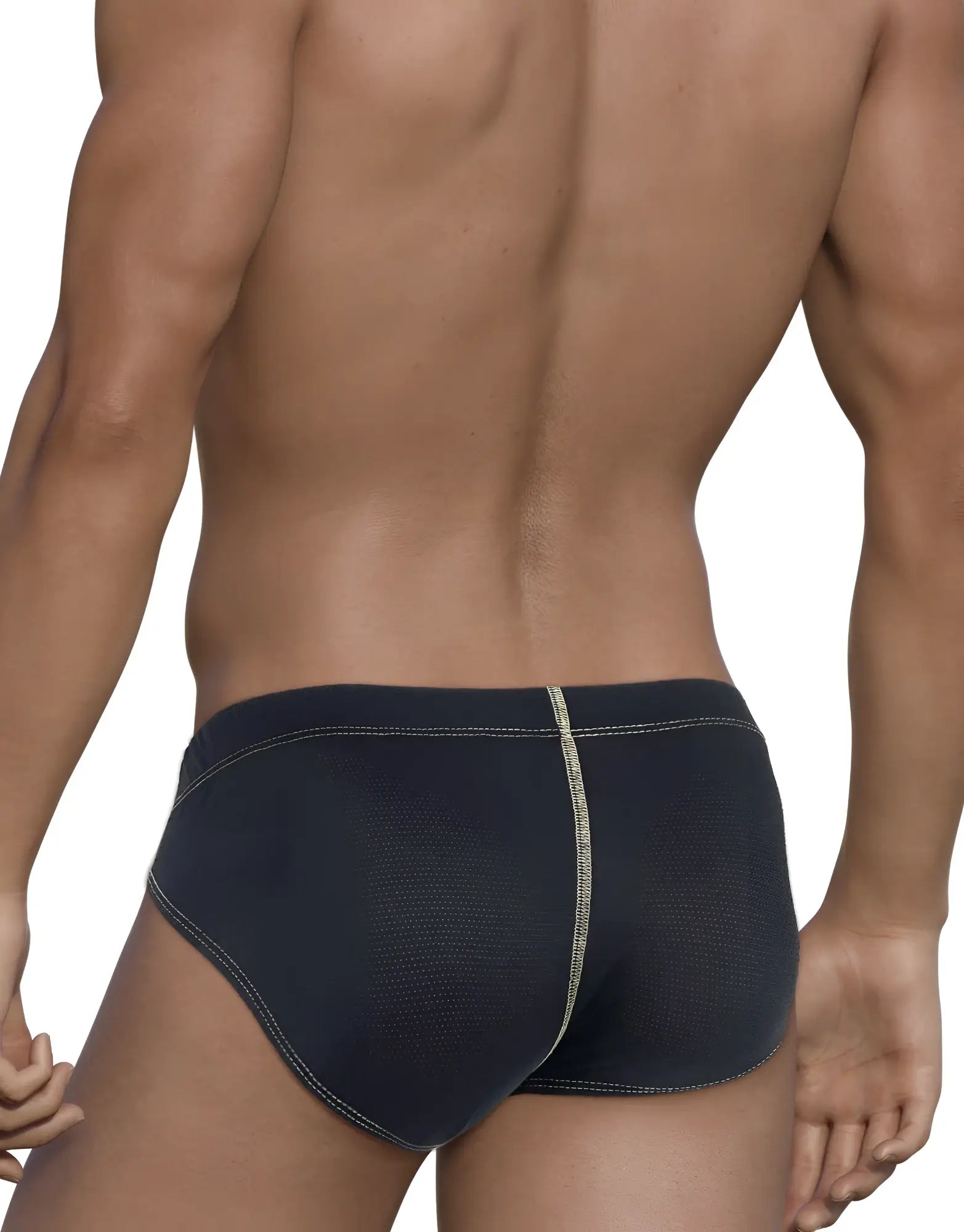 Black textured WildmanT Stitch Big Boy Pouch Brief with subtle silver center seam and yellow accents