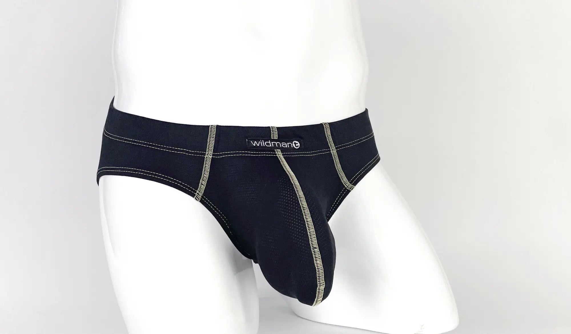 Black wildman wildmant stitch big boy pouch brief in yellow with contrasting gray stitching and mesh panel front