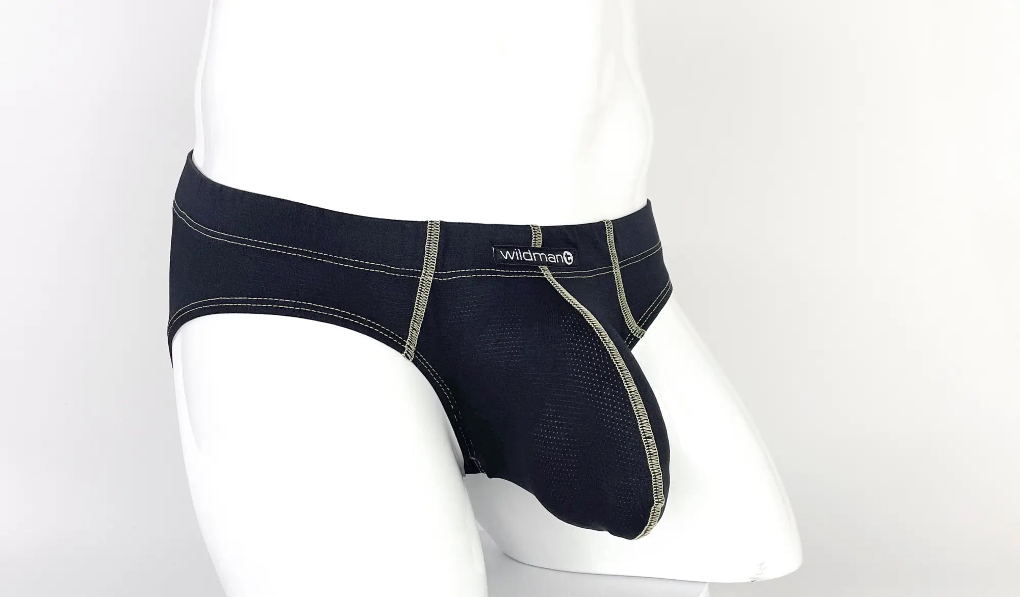 Wildman brand black big boy pouch briefs with yellow mesh panel and contrasting light gray stitching for comfort
