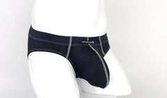 Wildman brand black big boy pouch briefs with yellow mesh panel and contrasting light gray stitching for comfort