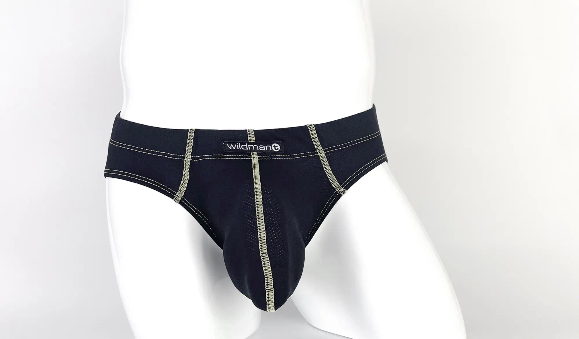 Wildmant stitch big boy pouch brief yellow featuring black wildman brand briefs with silver stitching and mesh panel