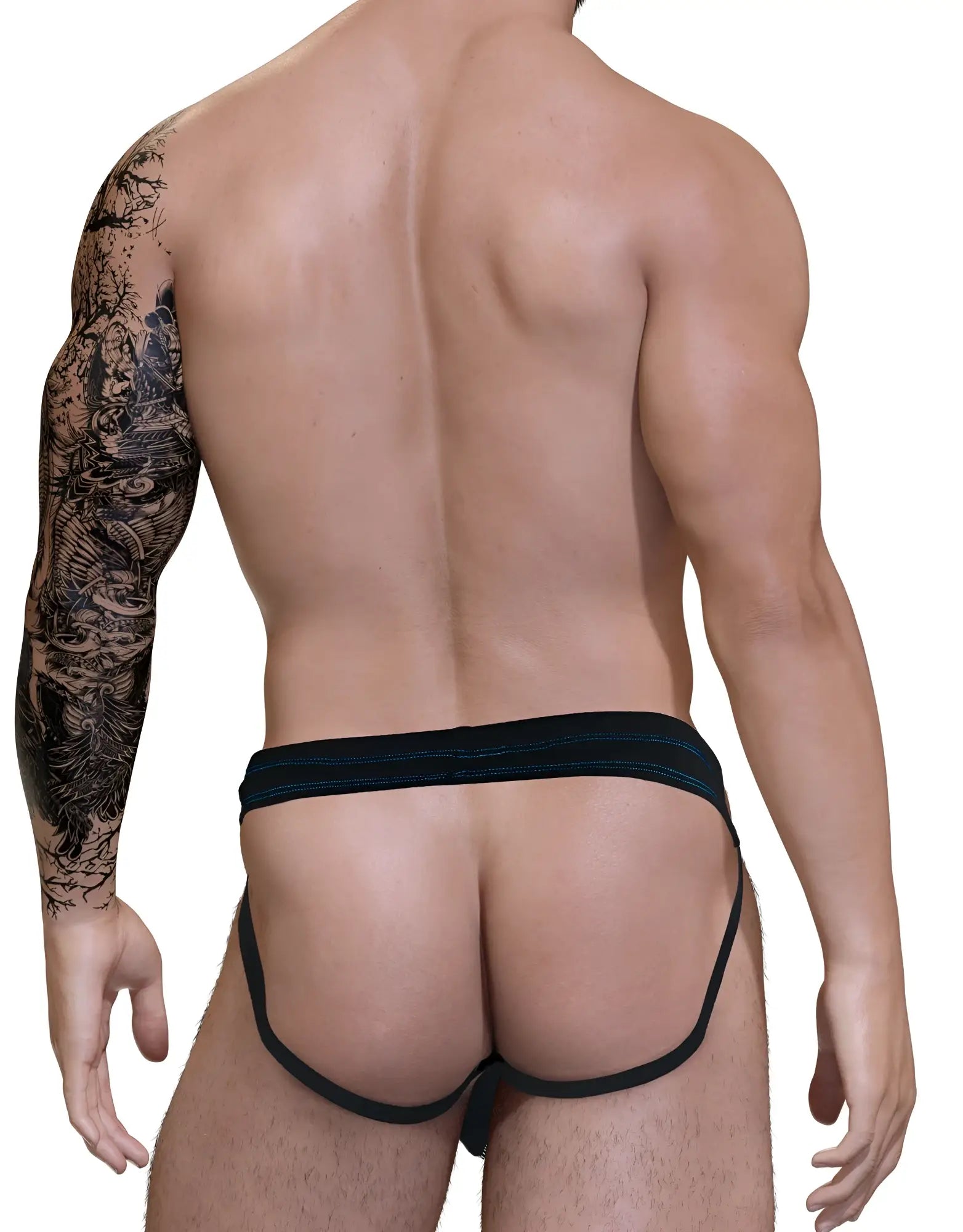 Wildmant stitch big boy pouch jock strap in black with snug fit and blue waistband trim for athletic support