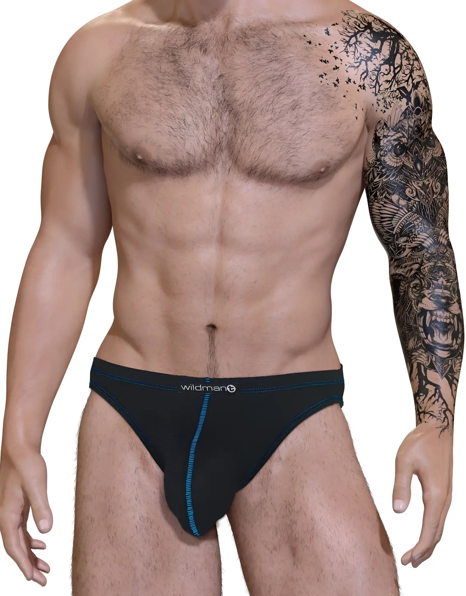 Black briefs with blue stitching and wildman logo on waistband from wildmant stitch big boy pouch jock strap blue collection